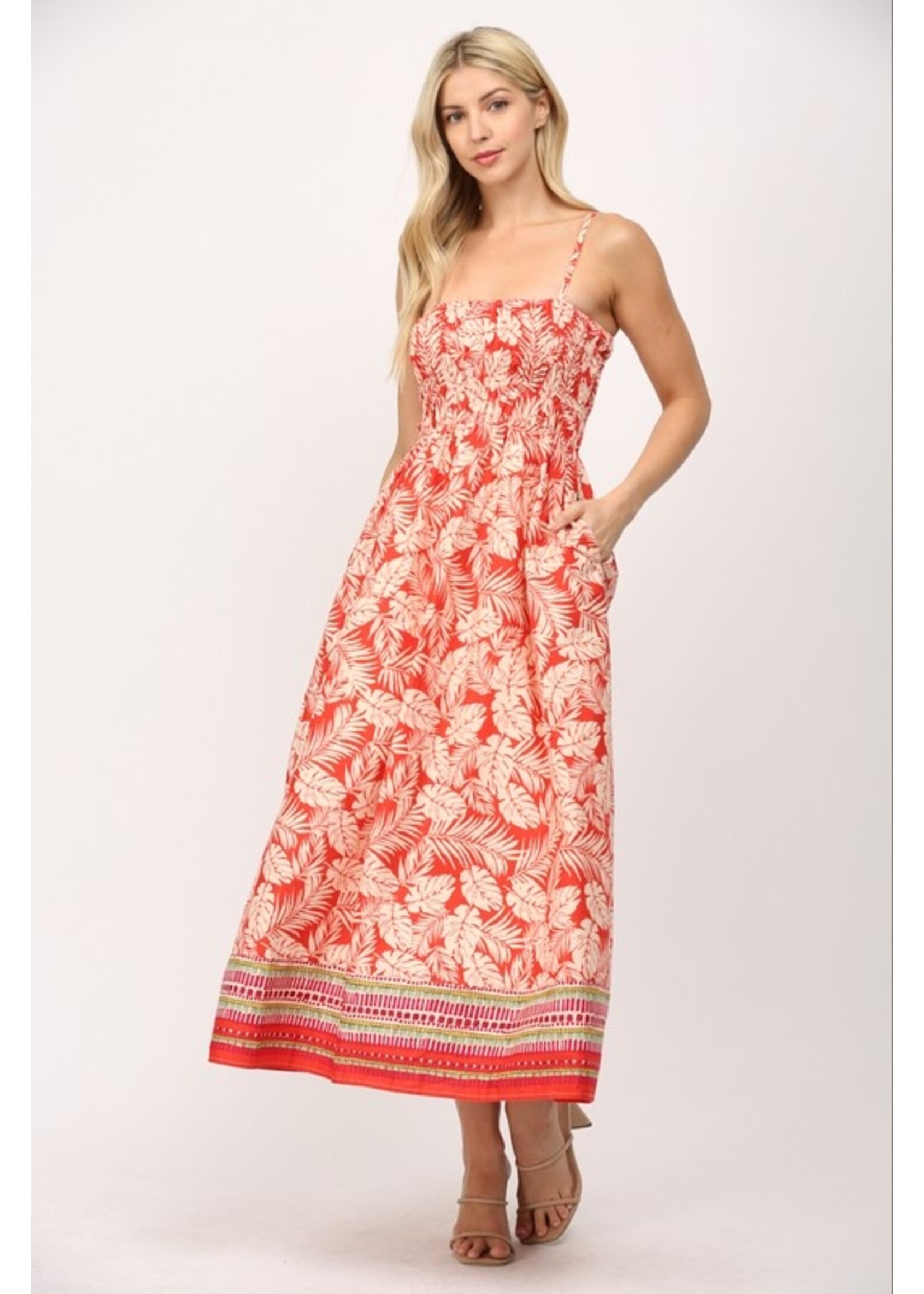RED PRINT MIDI DRESS