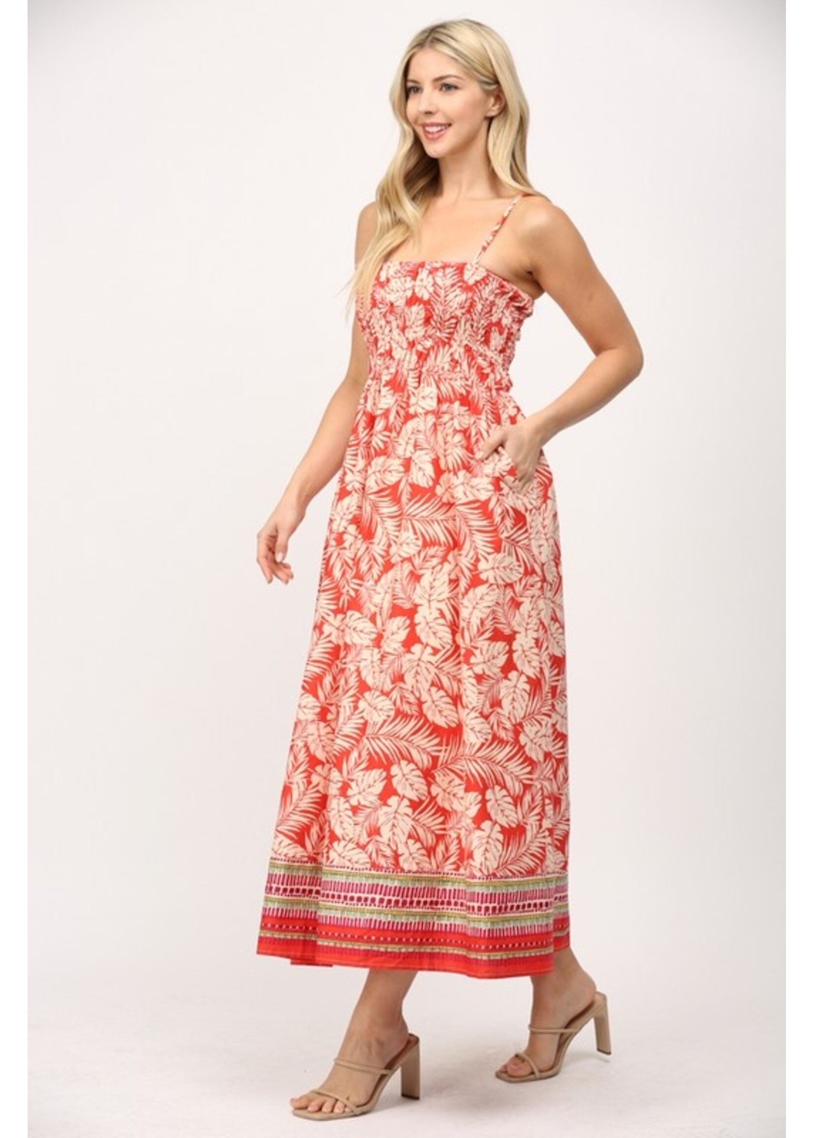 RED PRINT MIDI DRESS