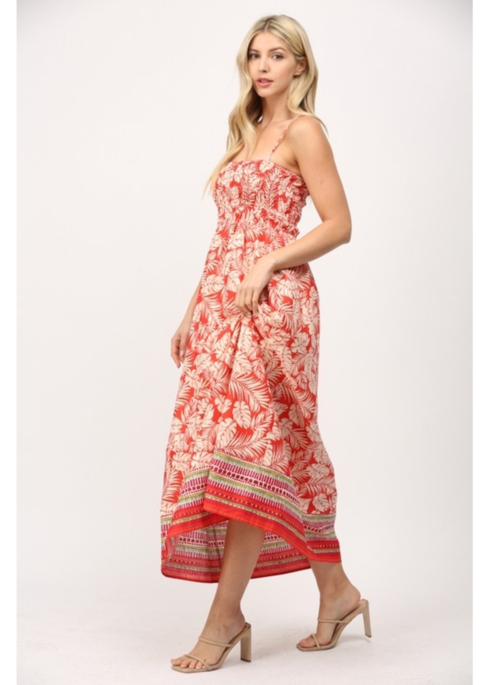 RED PRINT MIDI DRESS