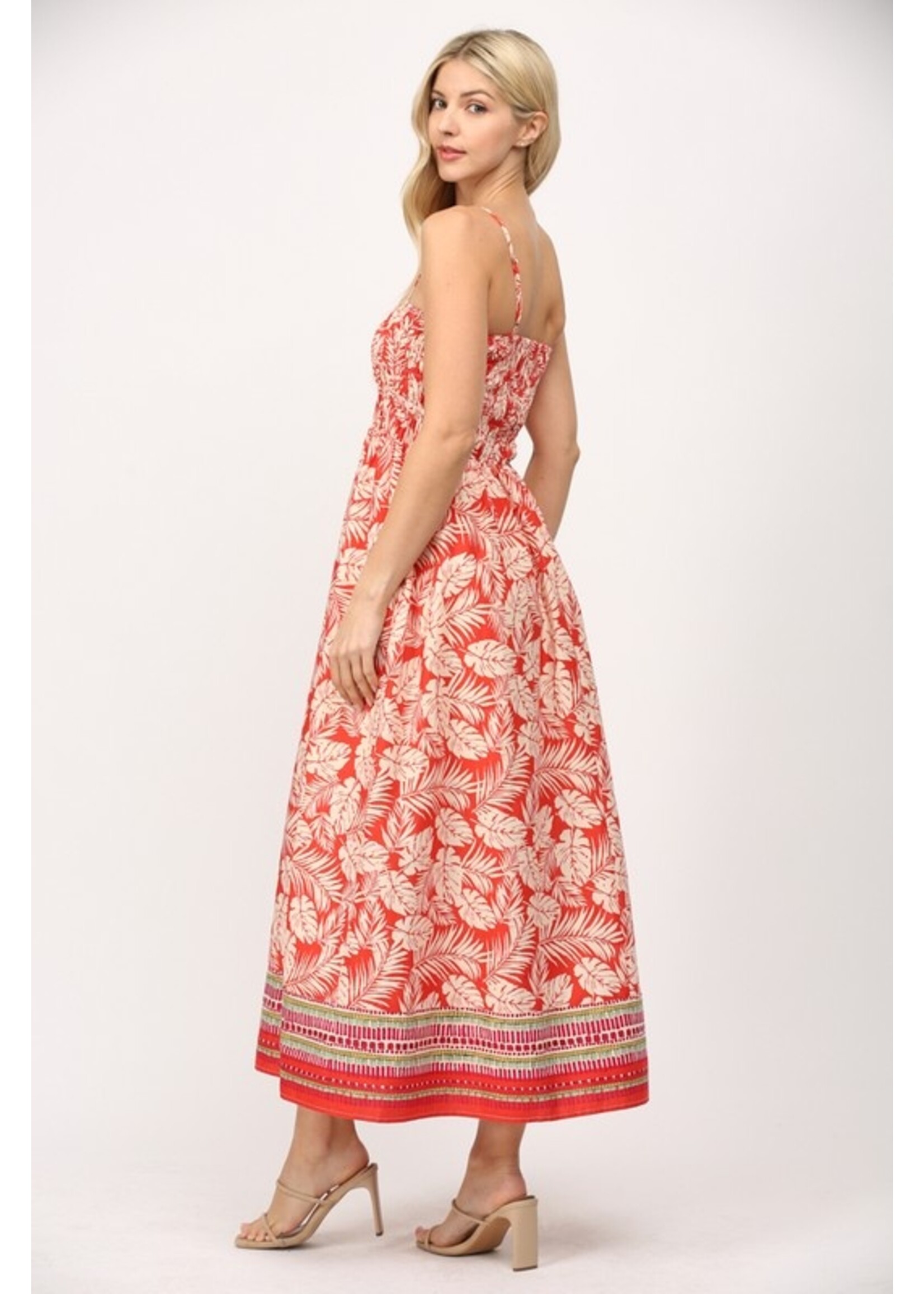 RED PRINT MIDI DRESS