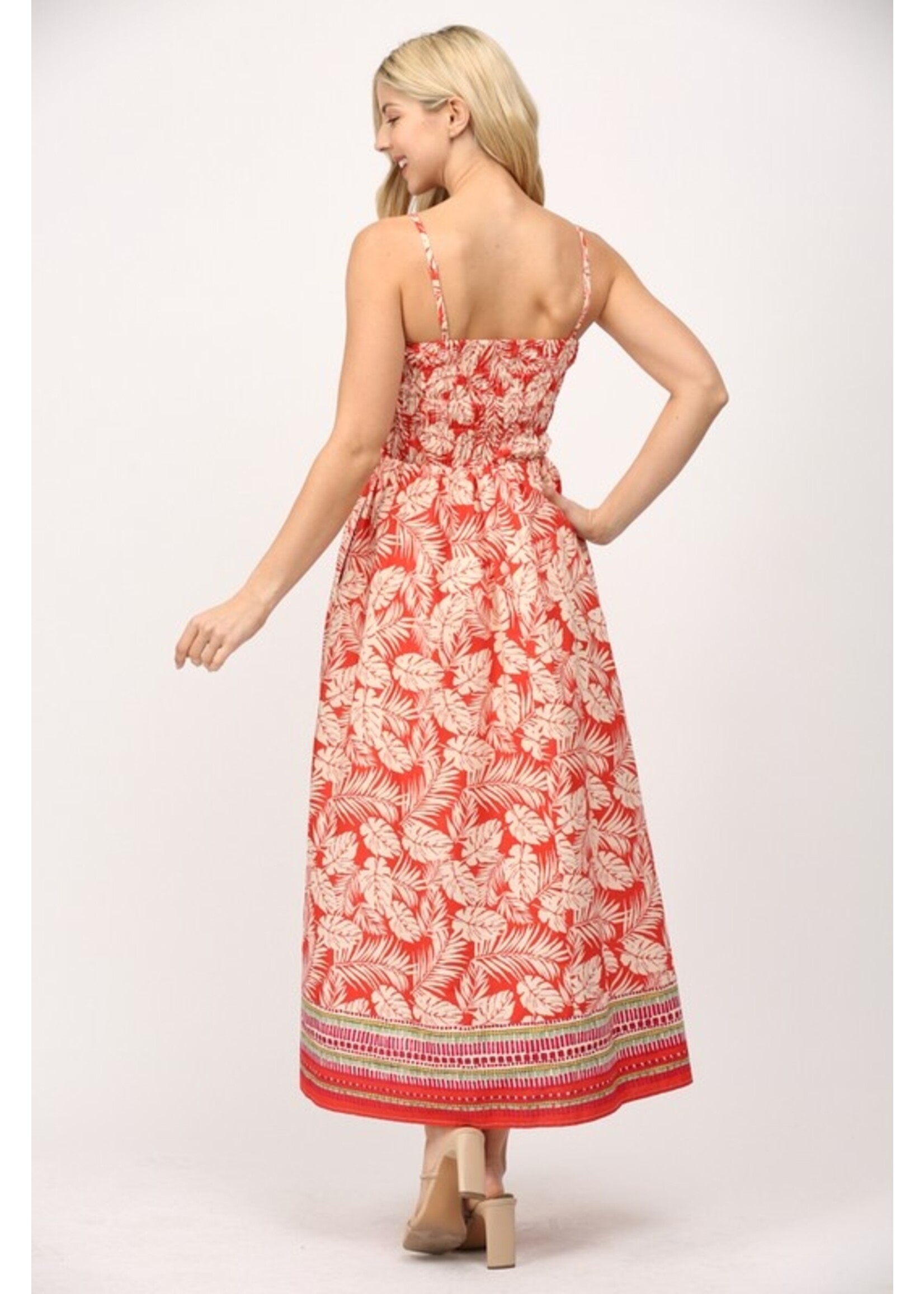 RED PRINT MIDI DRESS