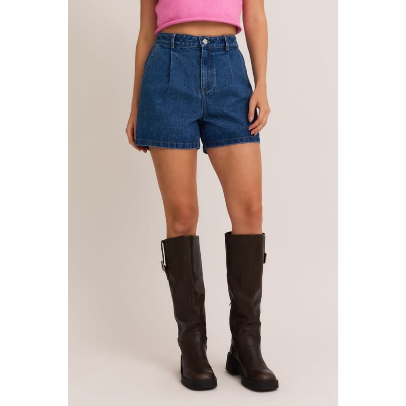 PLEATED DENIM SHORTS