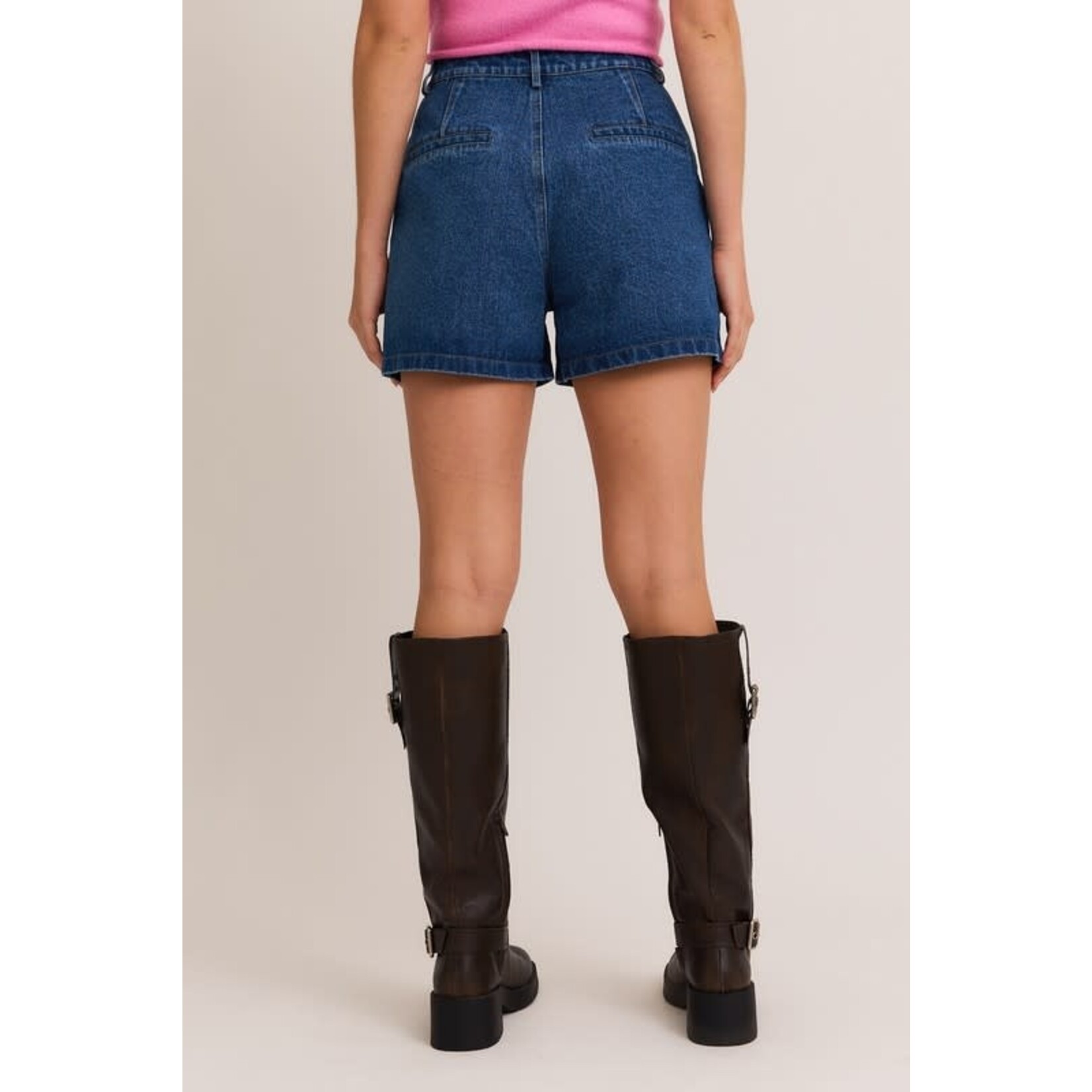PLEATED DENIM SHORTS