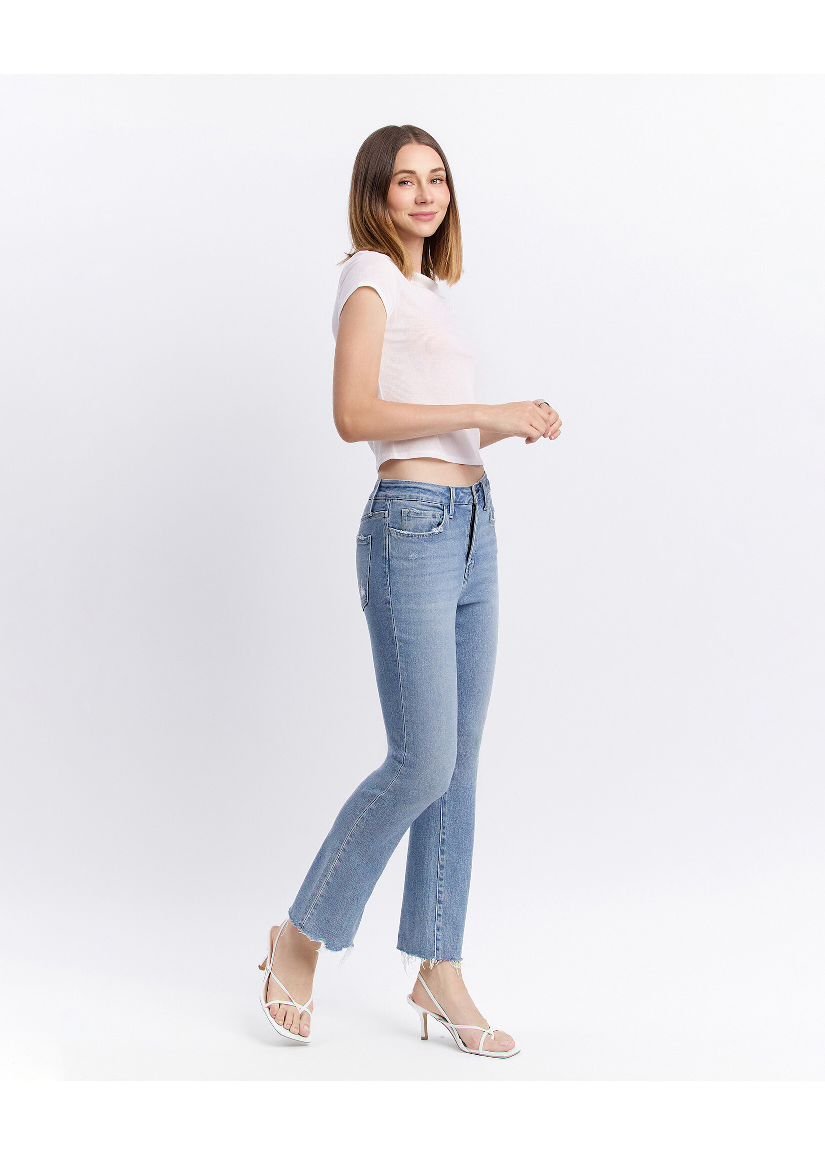 HIGH RISE RAW HEM KICK FLARE JEANS