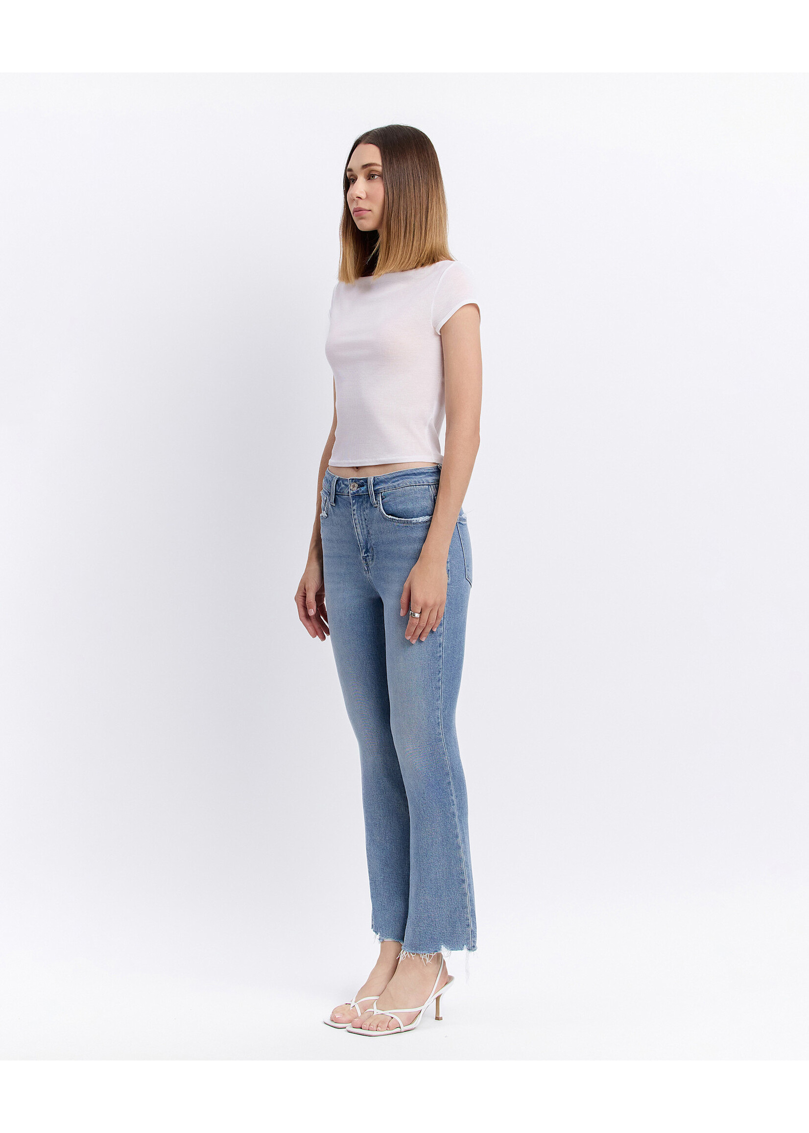 HIGH RISE RAW HEM KICK FLARE JEANS