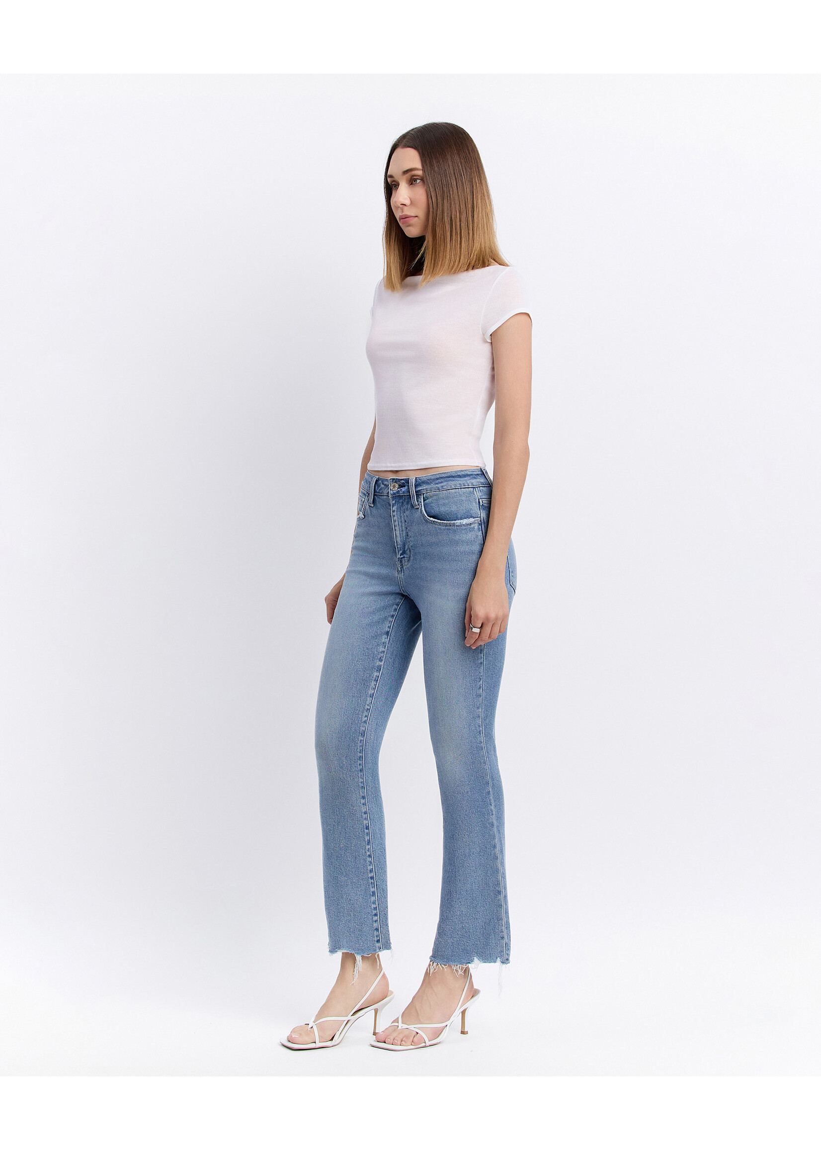 HIGH RISE RAW HEM KICK FLARE JEANS