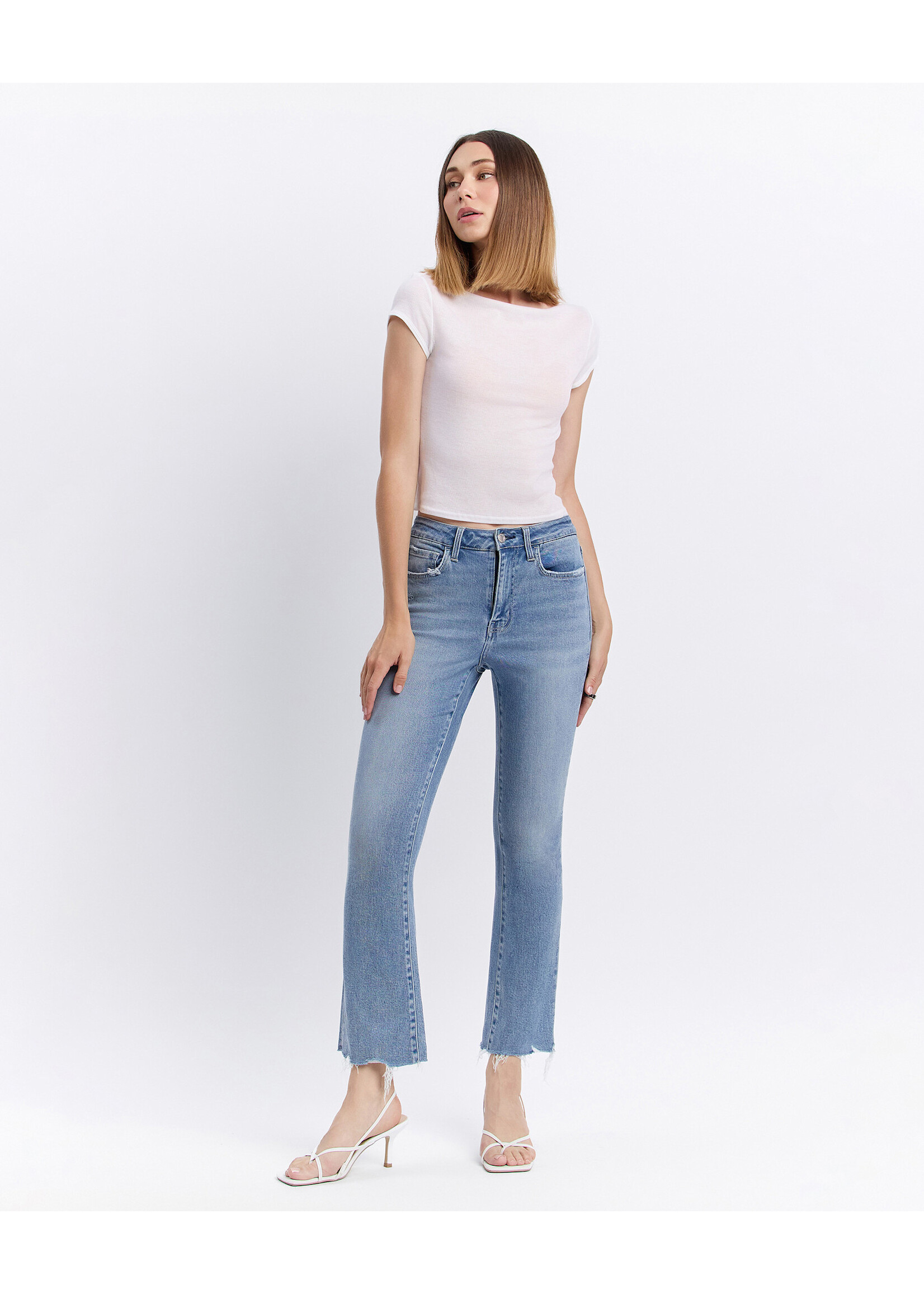 HIGH RISE RAW HEM KICK FLARE JEANS