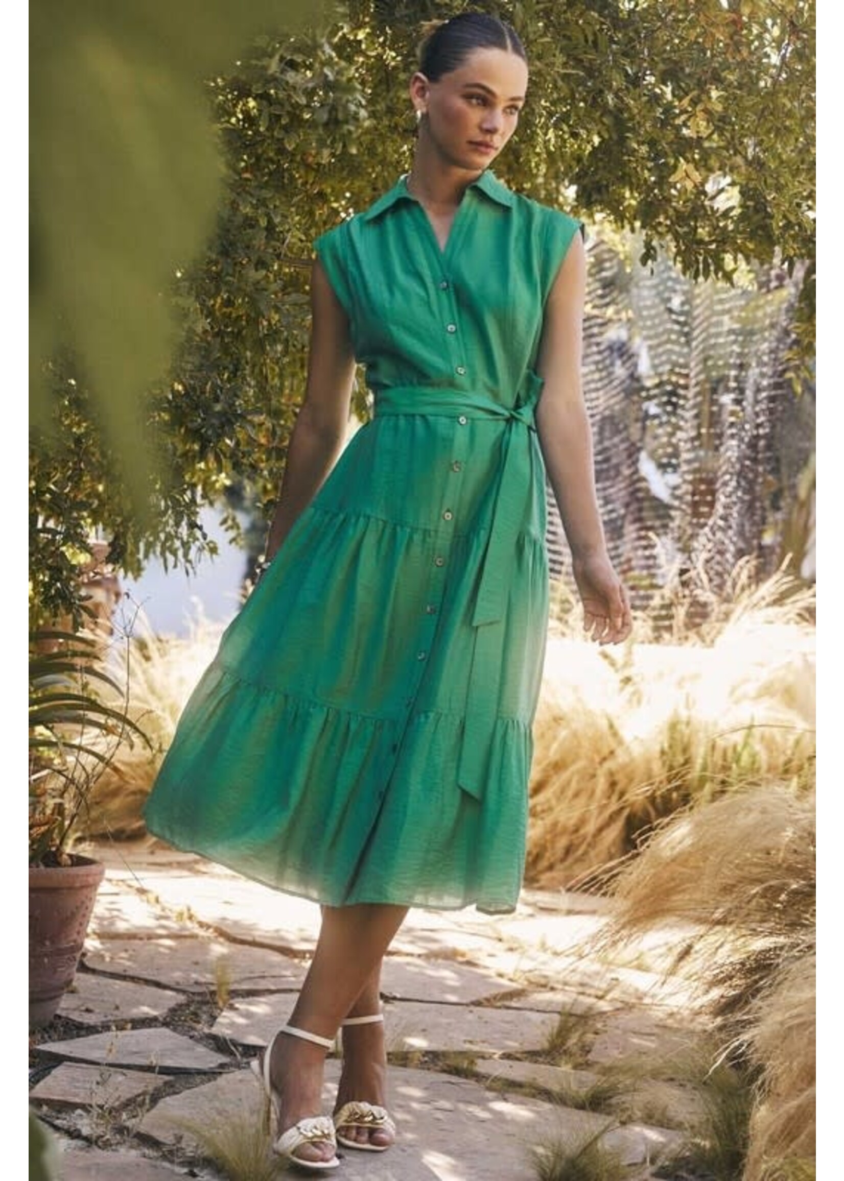 BUTTON DOWN TIERED MIDI DRESS