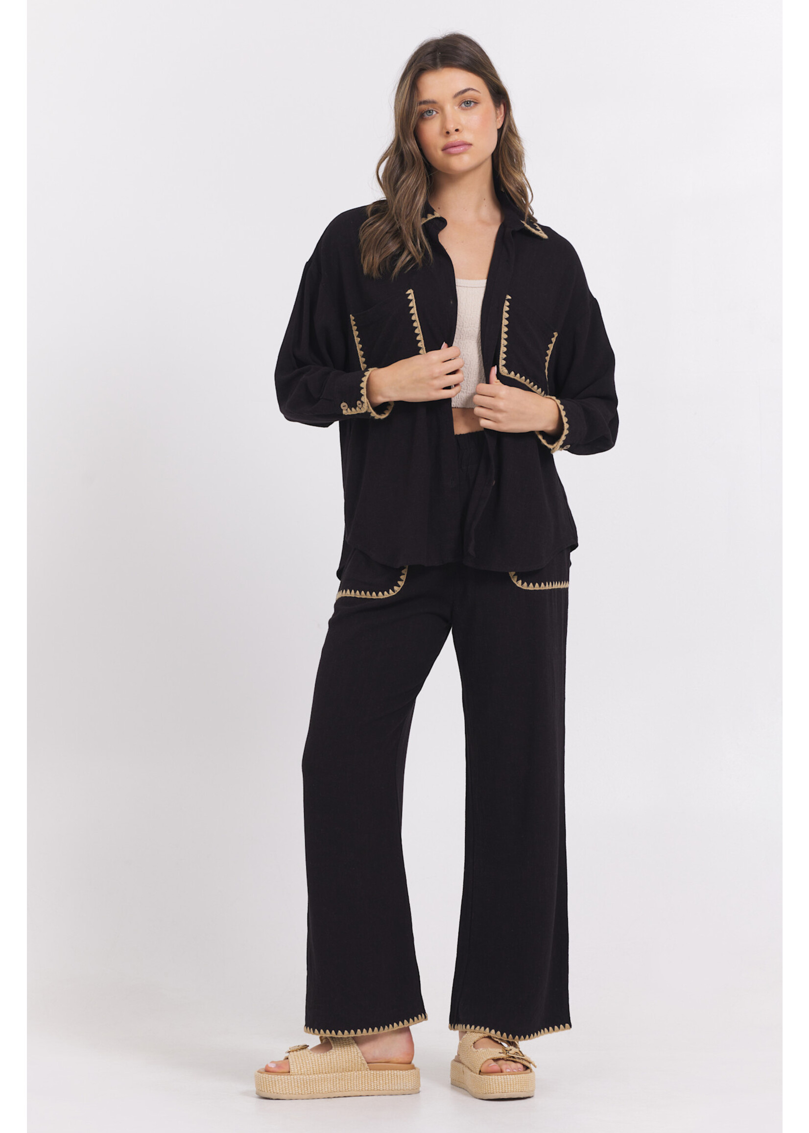 BLACK BUTTON UP WITH TAN WHIPSTITCH