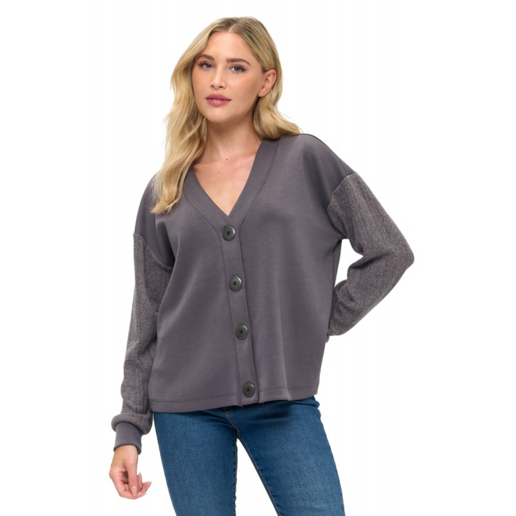 CHARCOAL CONTRAST SLEEVE CARDIGAN