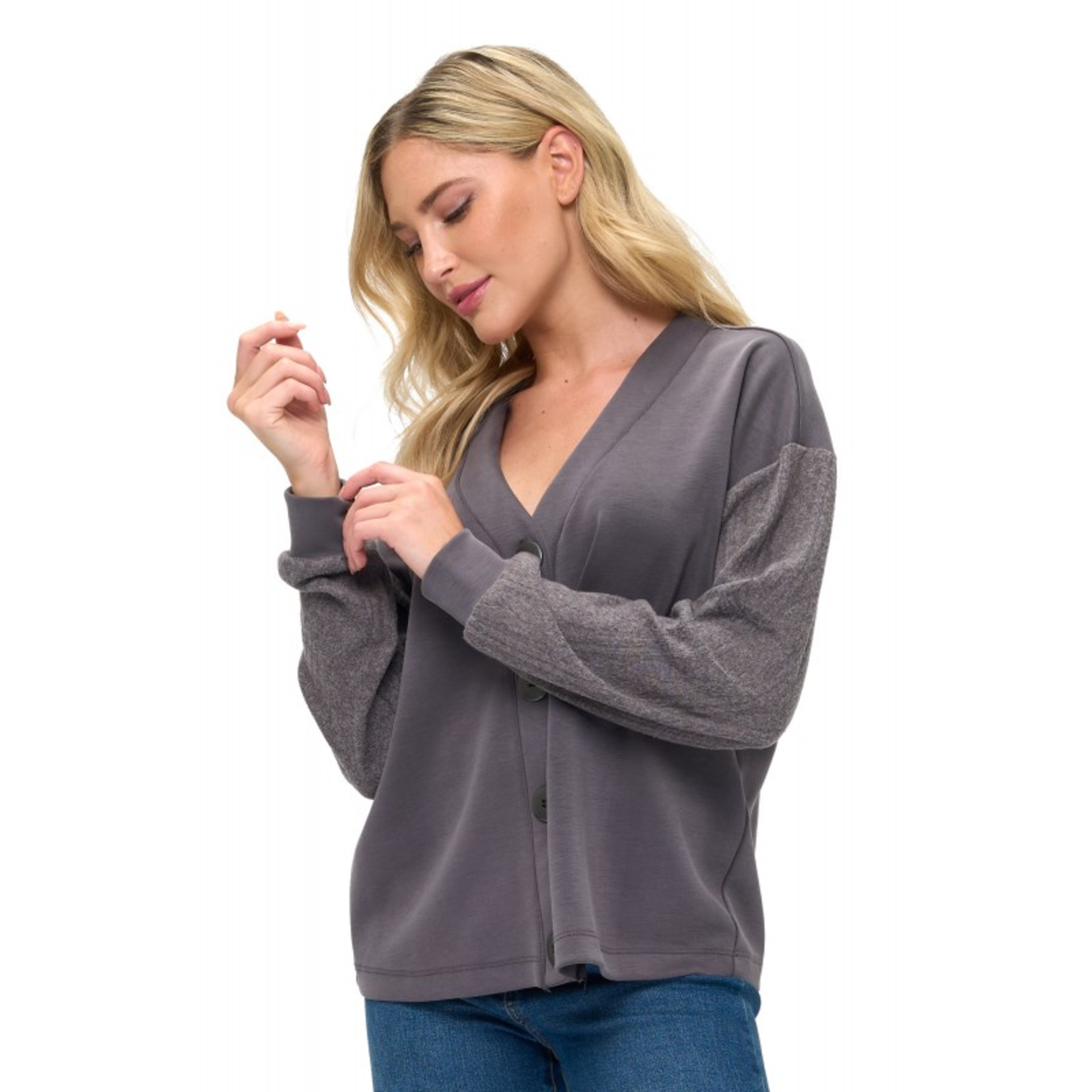 CHARCOAL CONTRAST SLEEVE CARDIGAN