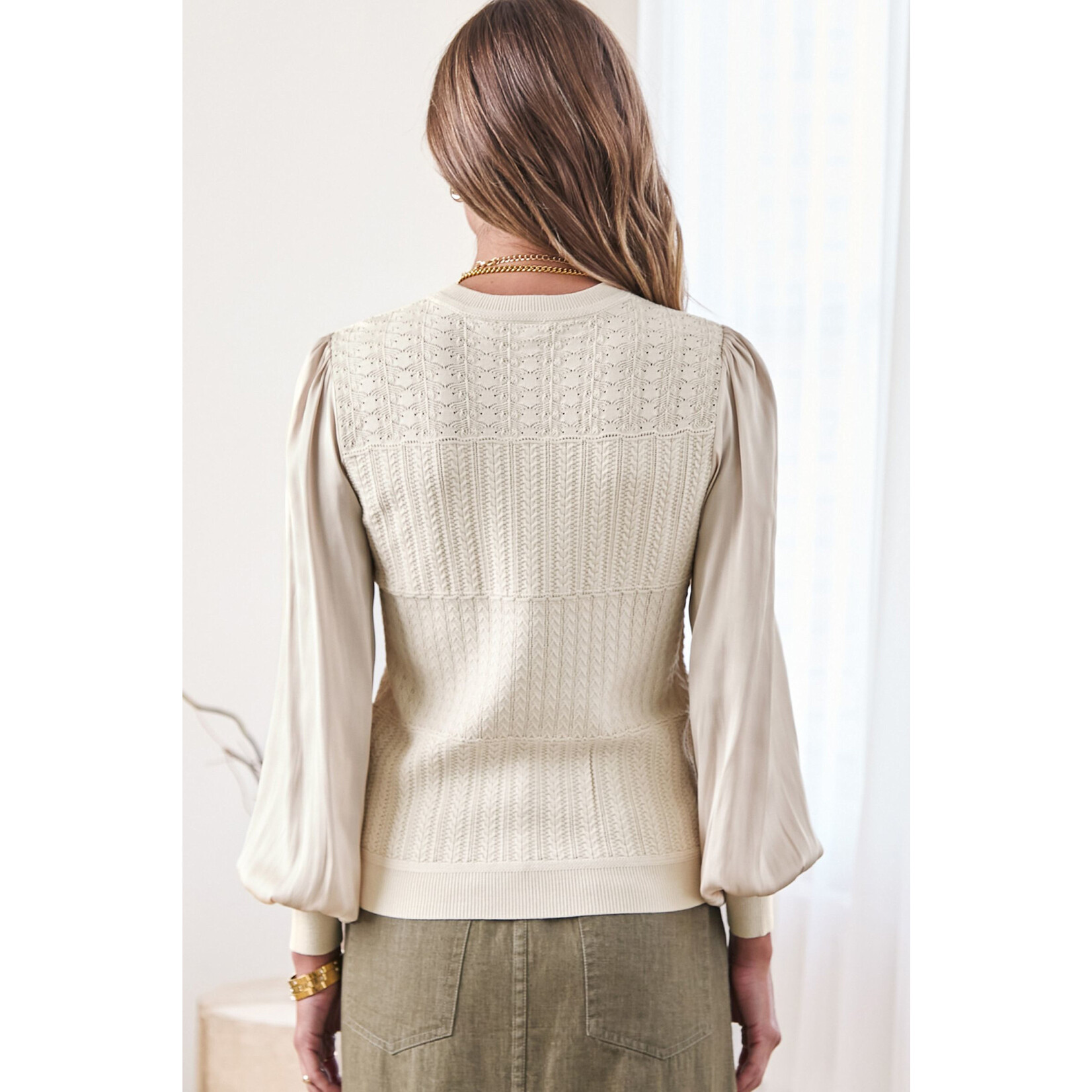 CHAMPAGNE WOVEN COMBO SWEATER