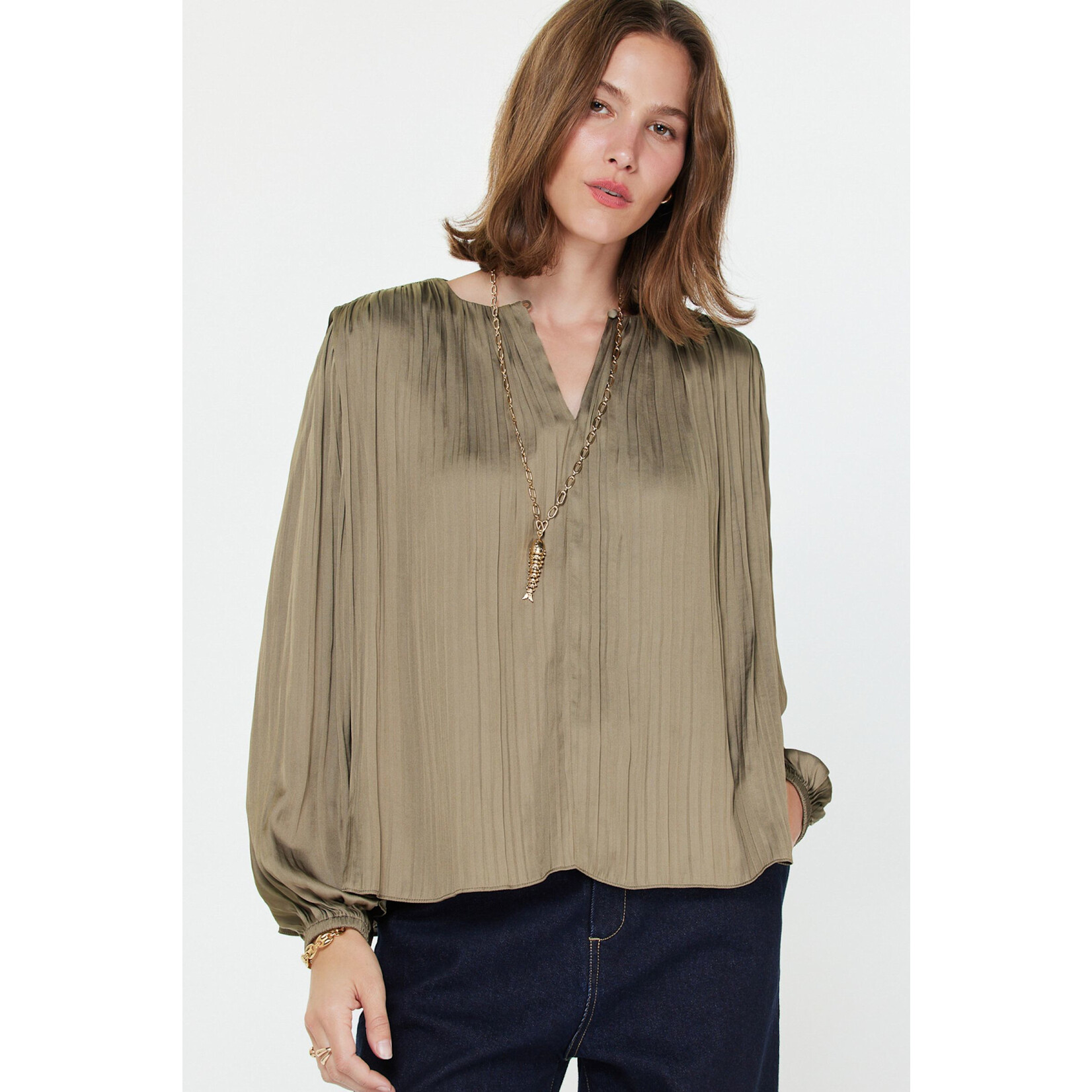 MOSS GREY PLEATED BLOUSE