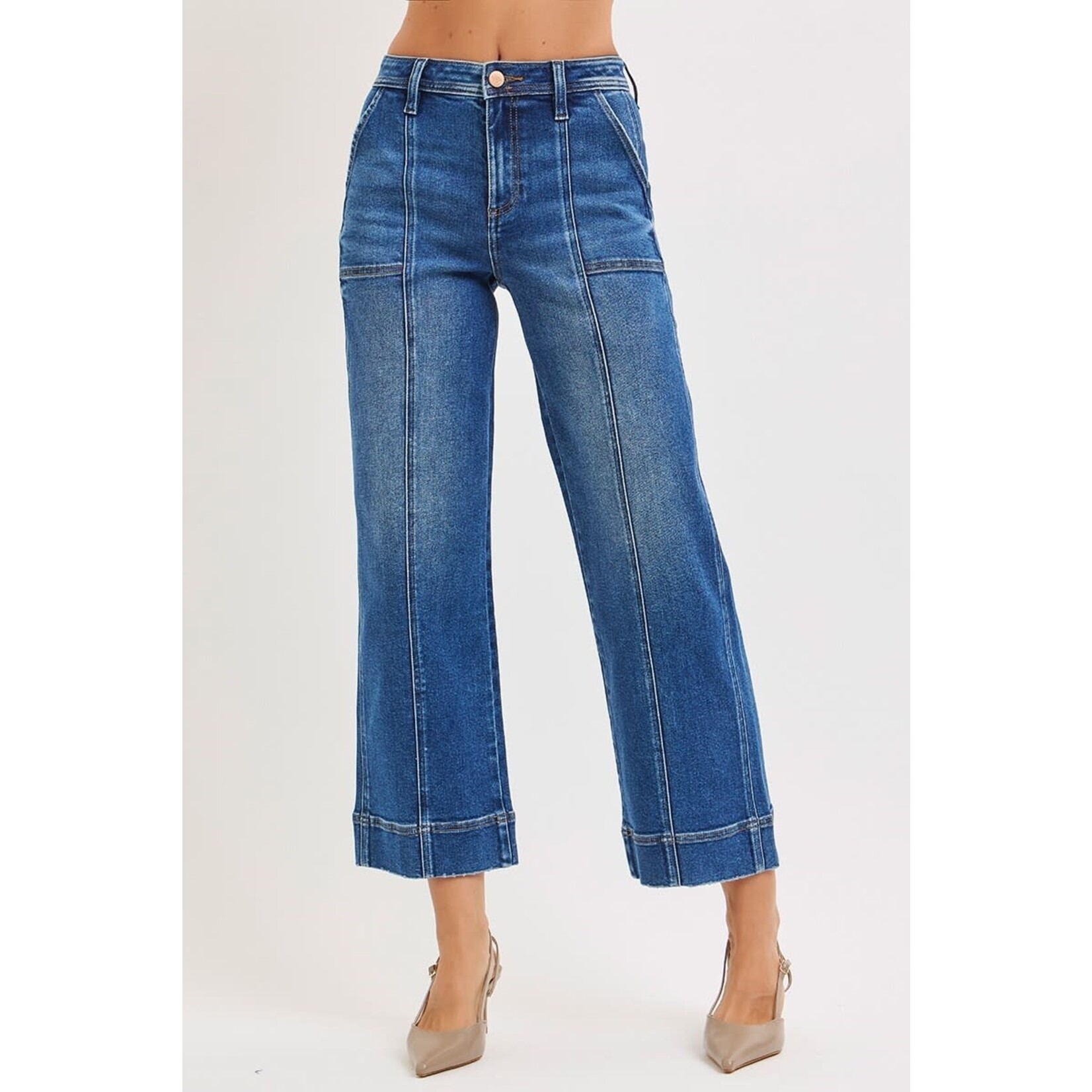 HIGH RISE CROP STRAIGHT JEANS WITH FRONT SEAM DETAIL