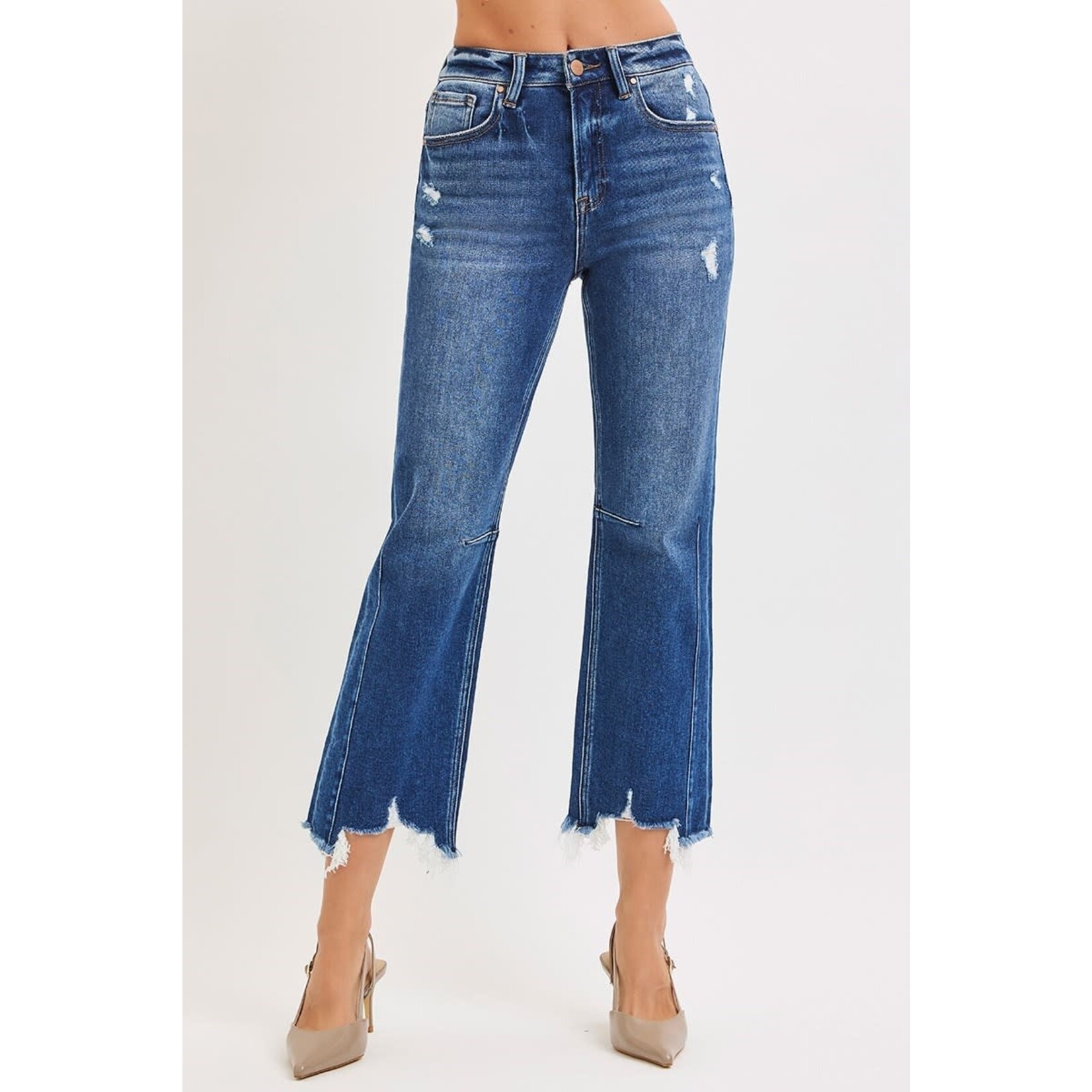 HIGH RISE CROP STRAIGHT JEANS WITH DISTRESSED HEM