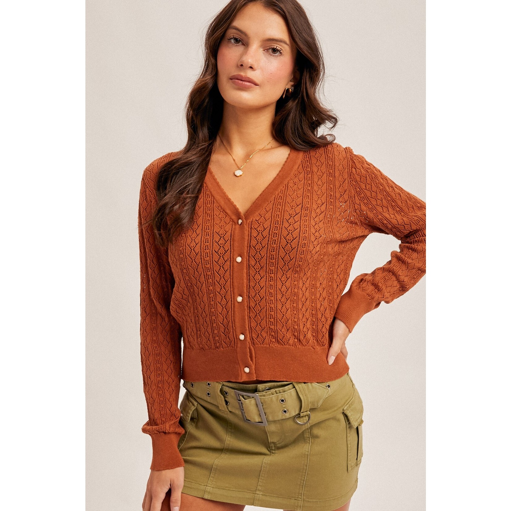 RUST POINTELLE KNIT V-NECK CARDIGAN