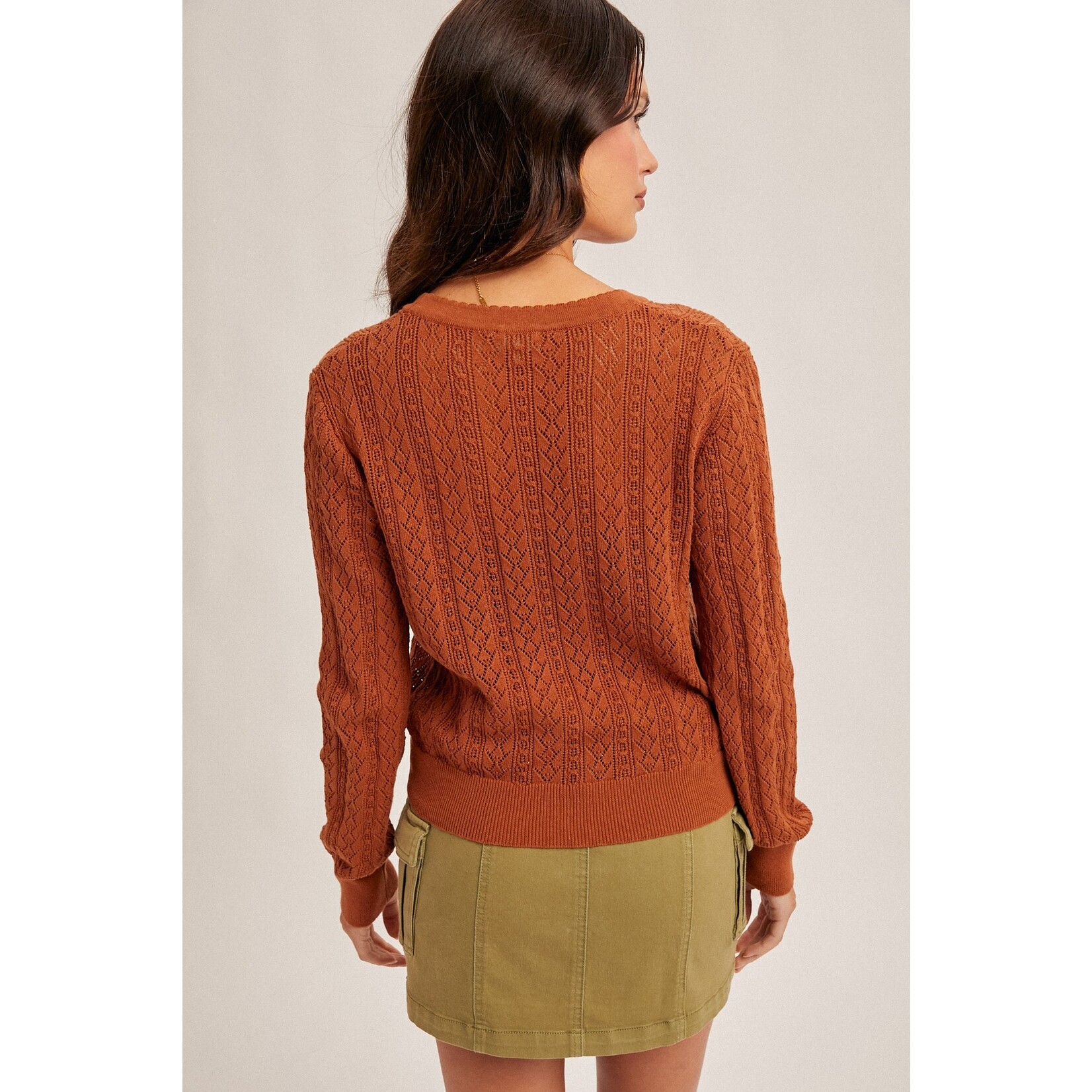 RUST POINTELLE KNIT V-NECK CARDIGAN