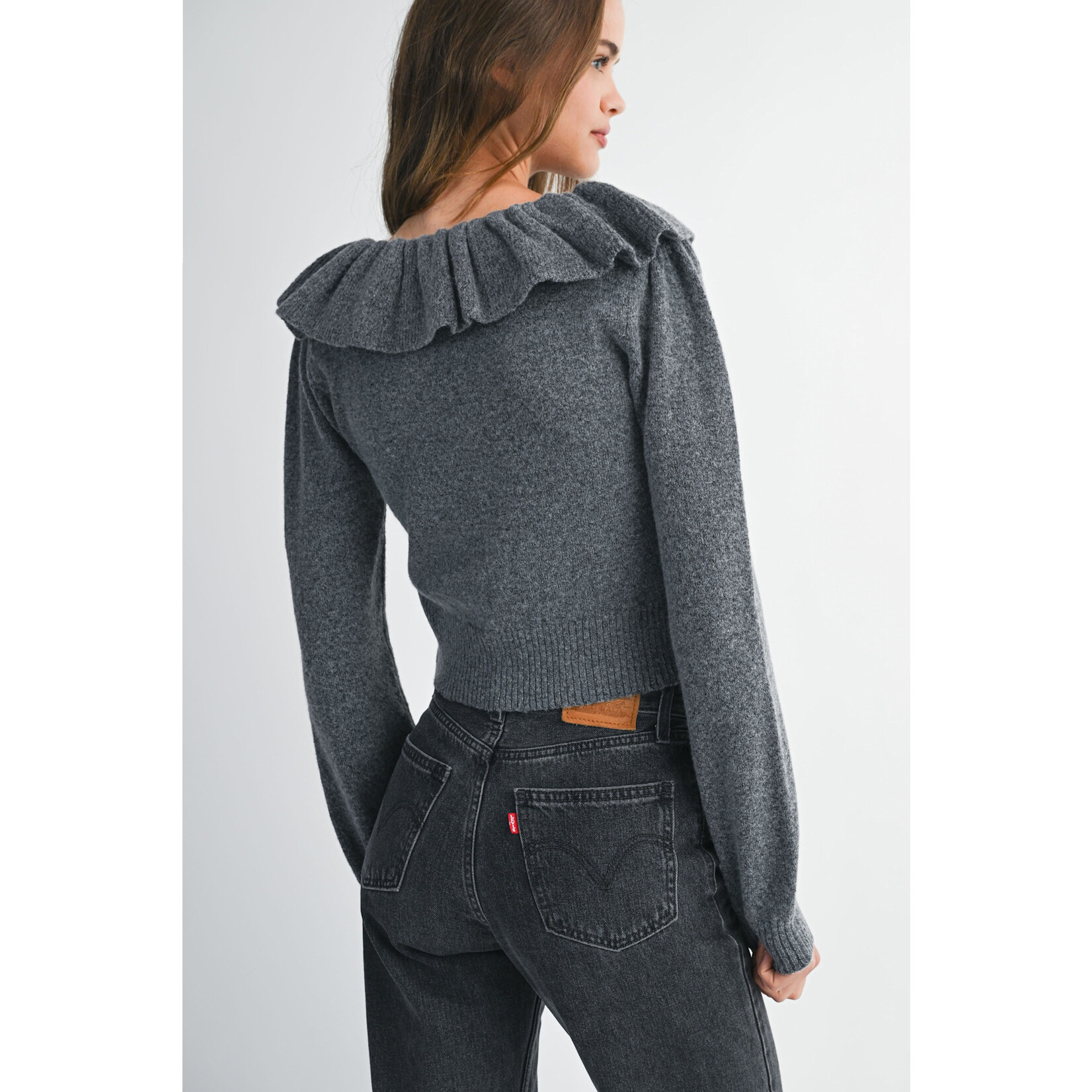 RUFFLE NECK SWEATER WITH BOW