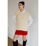 COLLARED CABLE KNIT & SHIRT MIX LONG SLEEVE TOP