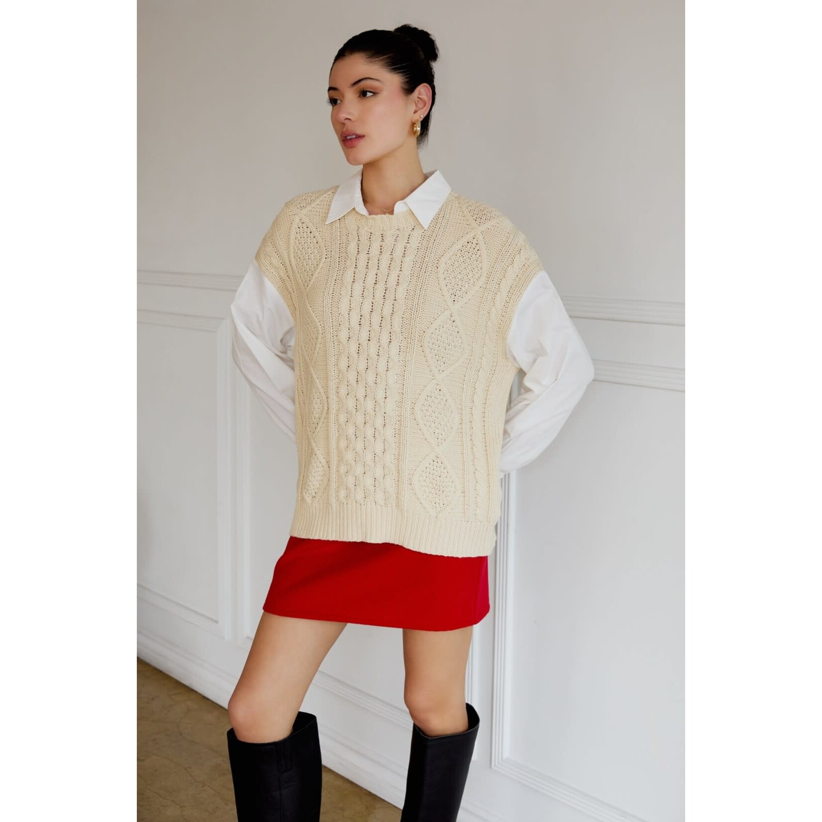 COLLARED CABLE KNIT & SHIRT MIX LONG SLEEVE TOP