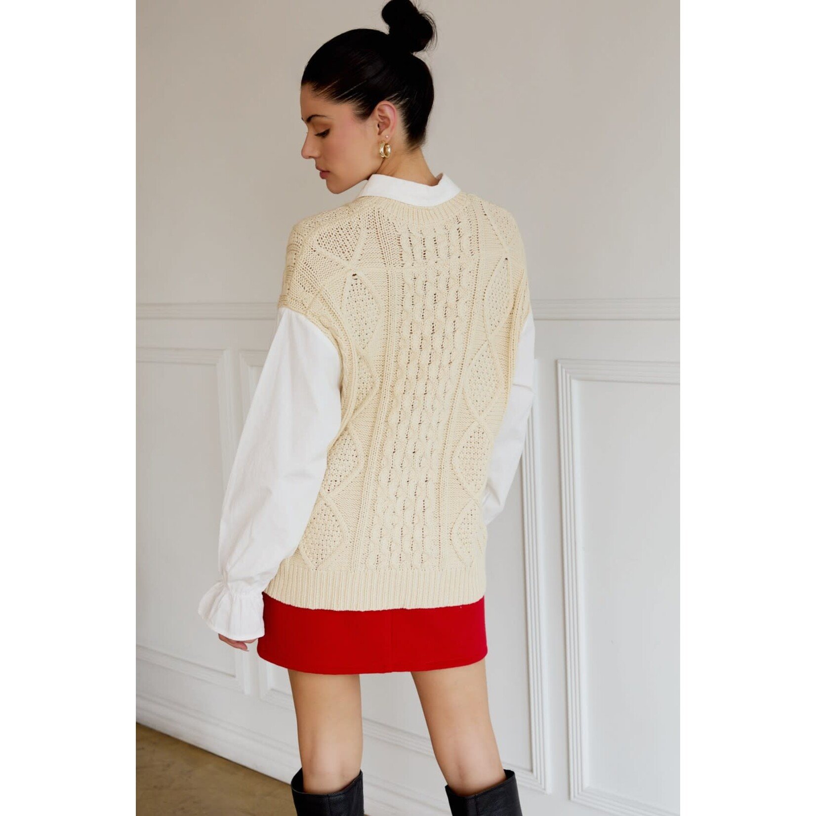 COLLARED CABLE KNIT & SHIRT MIX LONG SLEEVE TOP