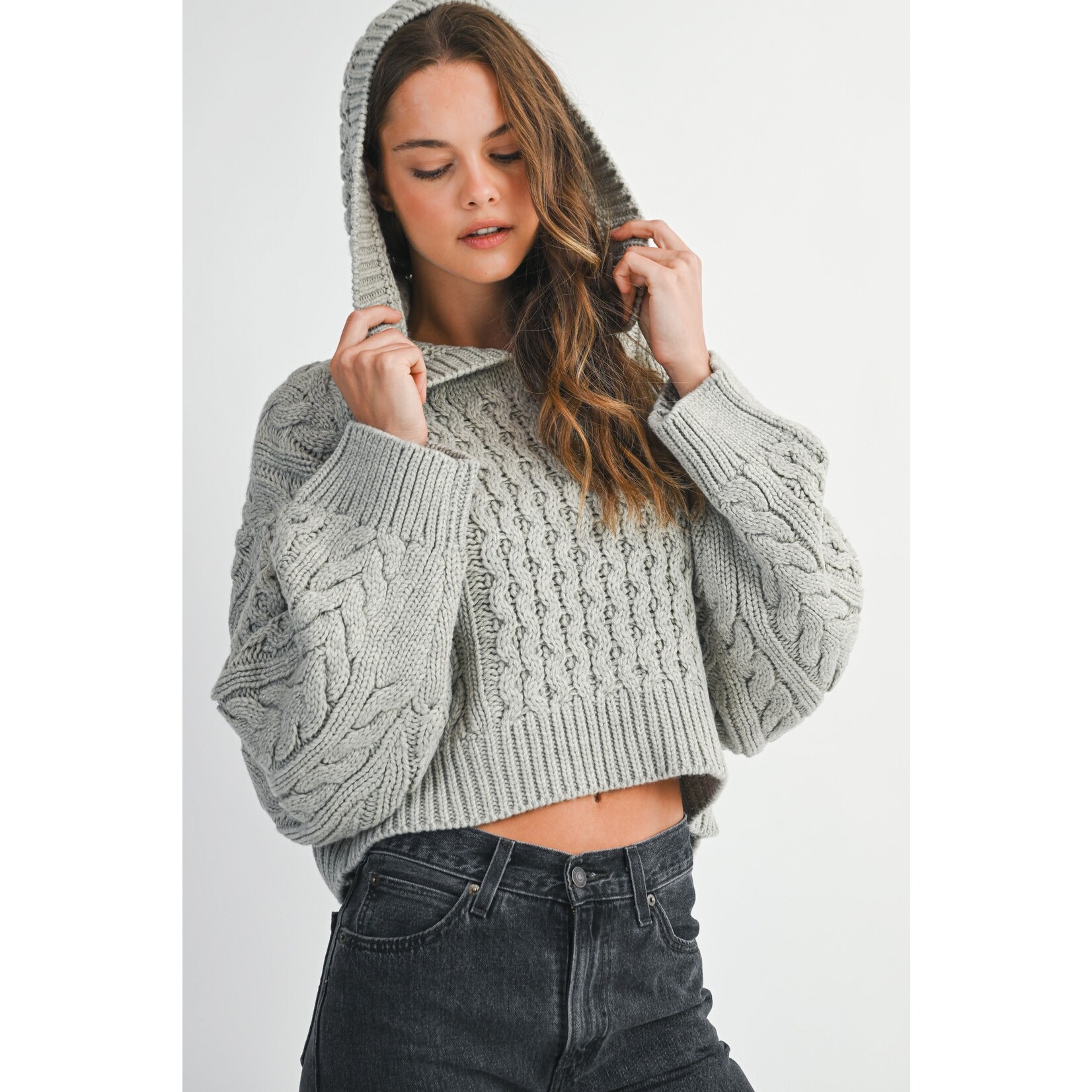 GREY CABLE KNIT HOODIE