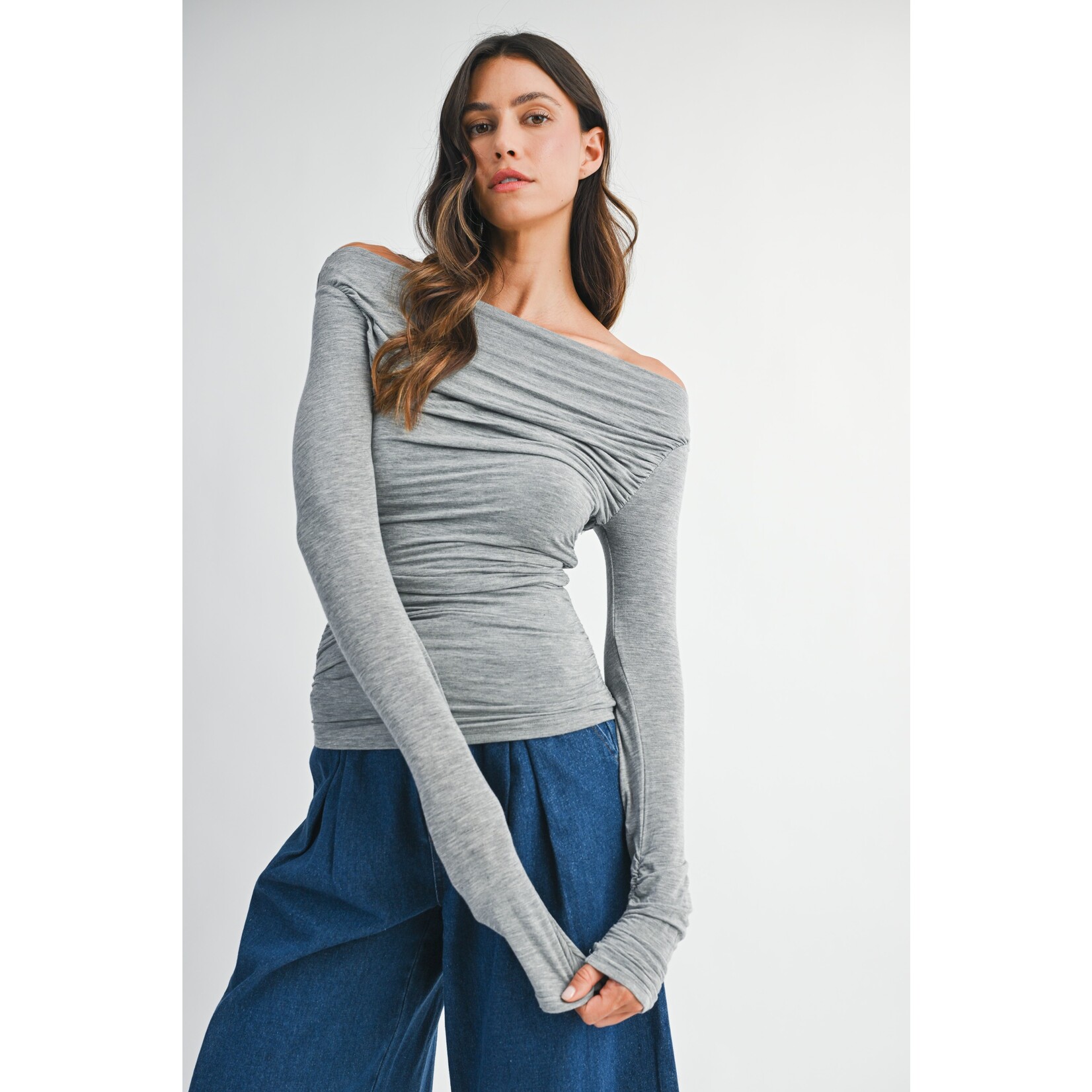 RUCHED OFF THE SHOULDER LONG SLEEVE