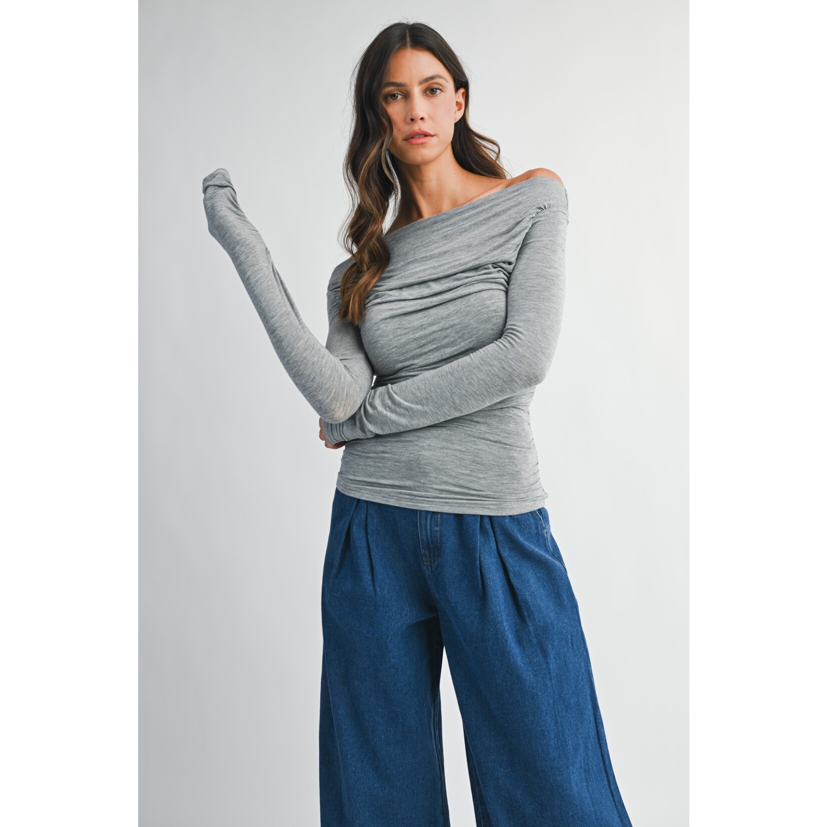 RUCHED OFF THE SHOULDER LONG SLEEVE