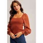 SCALLOP EDGE CHIFFON SLEEVE SWEATER TOP