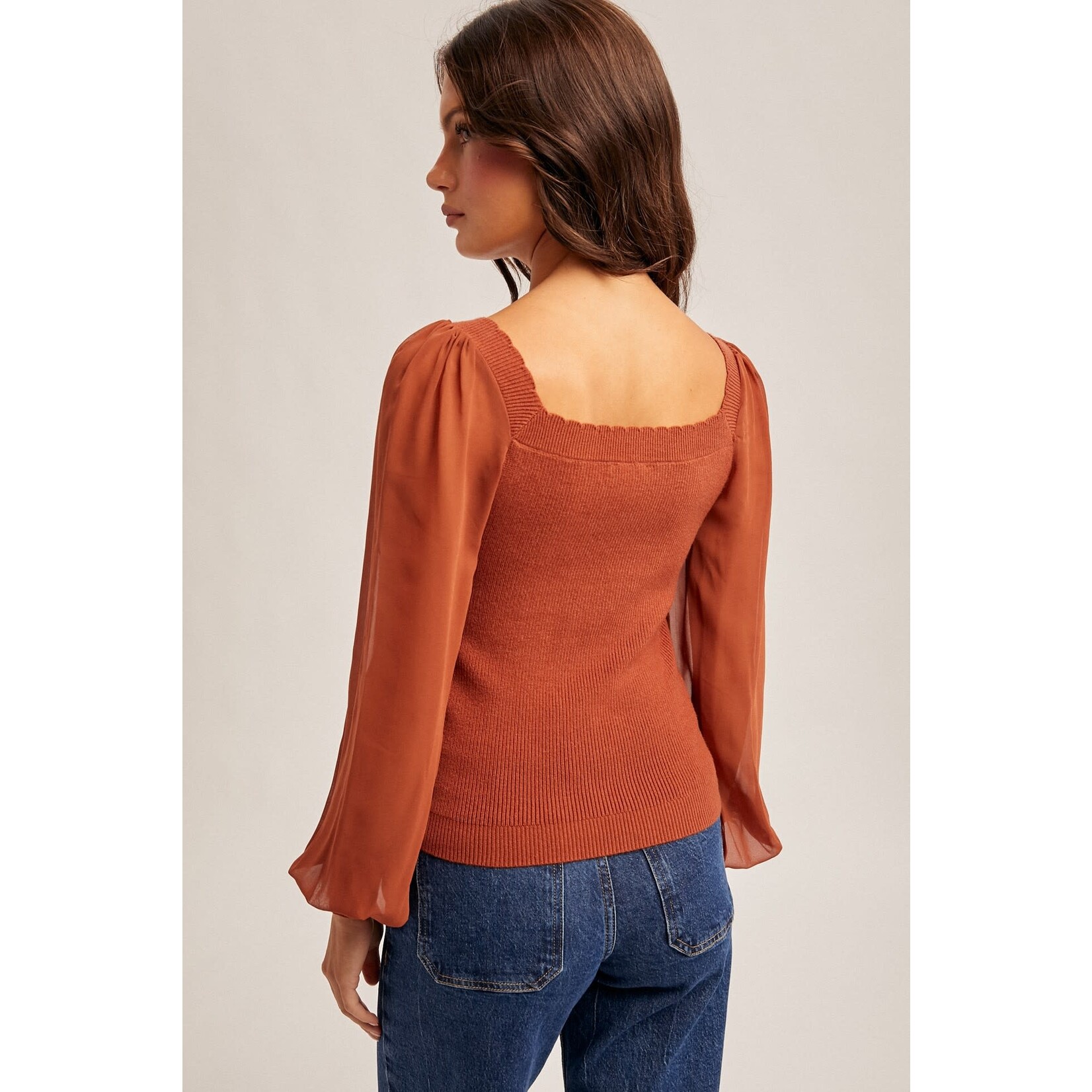 SCALLOP EDGE CHIFFON SLEEVE SWEATER TOP