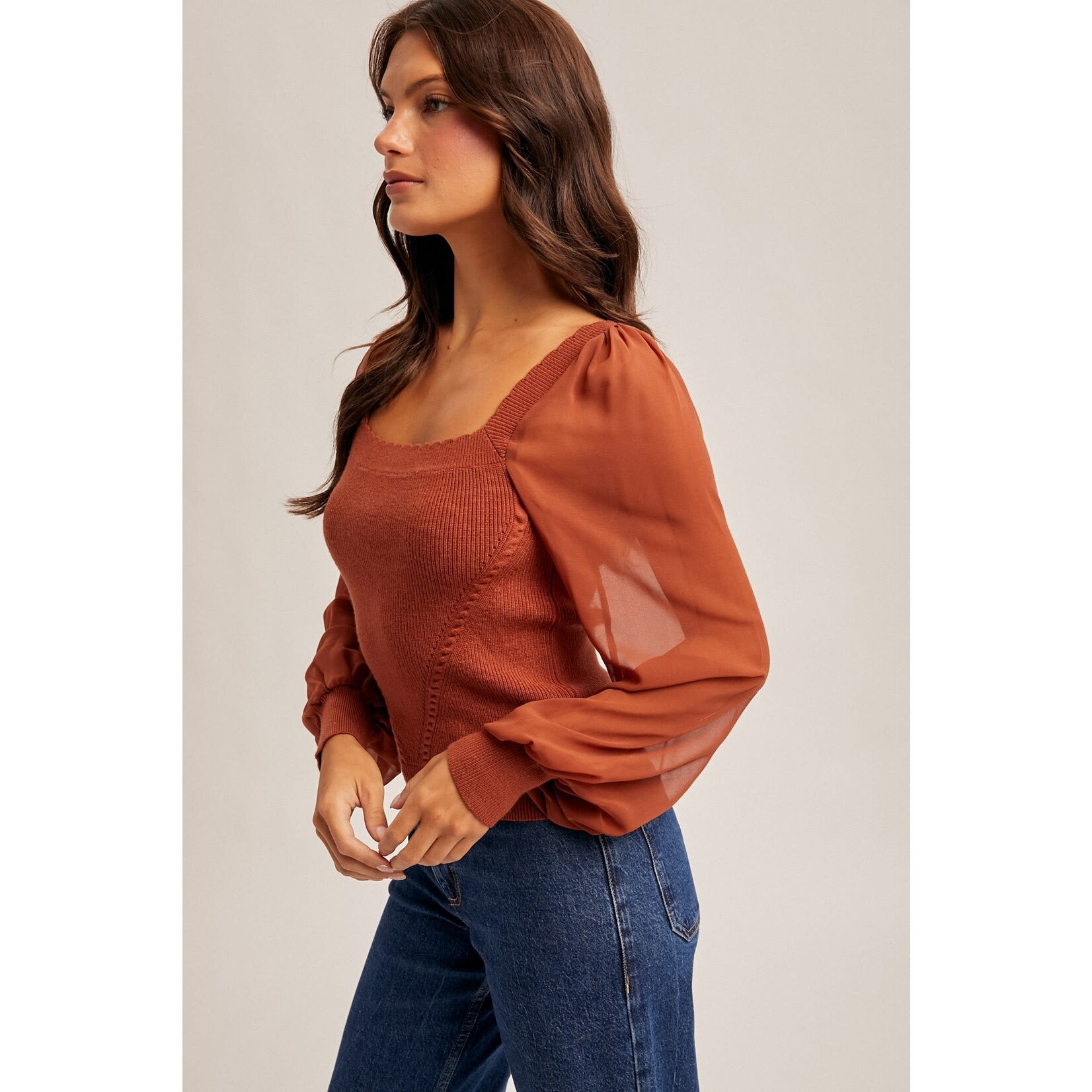 SCALLOP EDGE CHIFFON SLEEVE SWEATER TOP