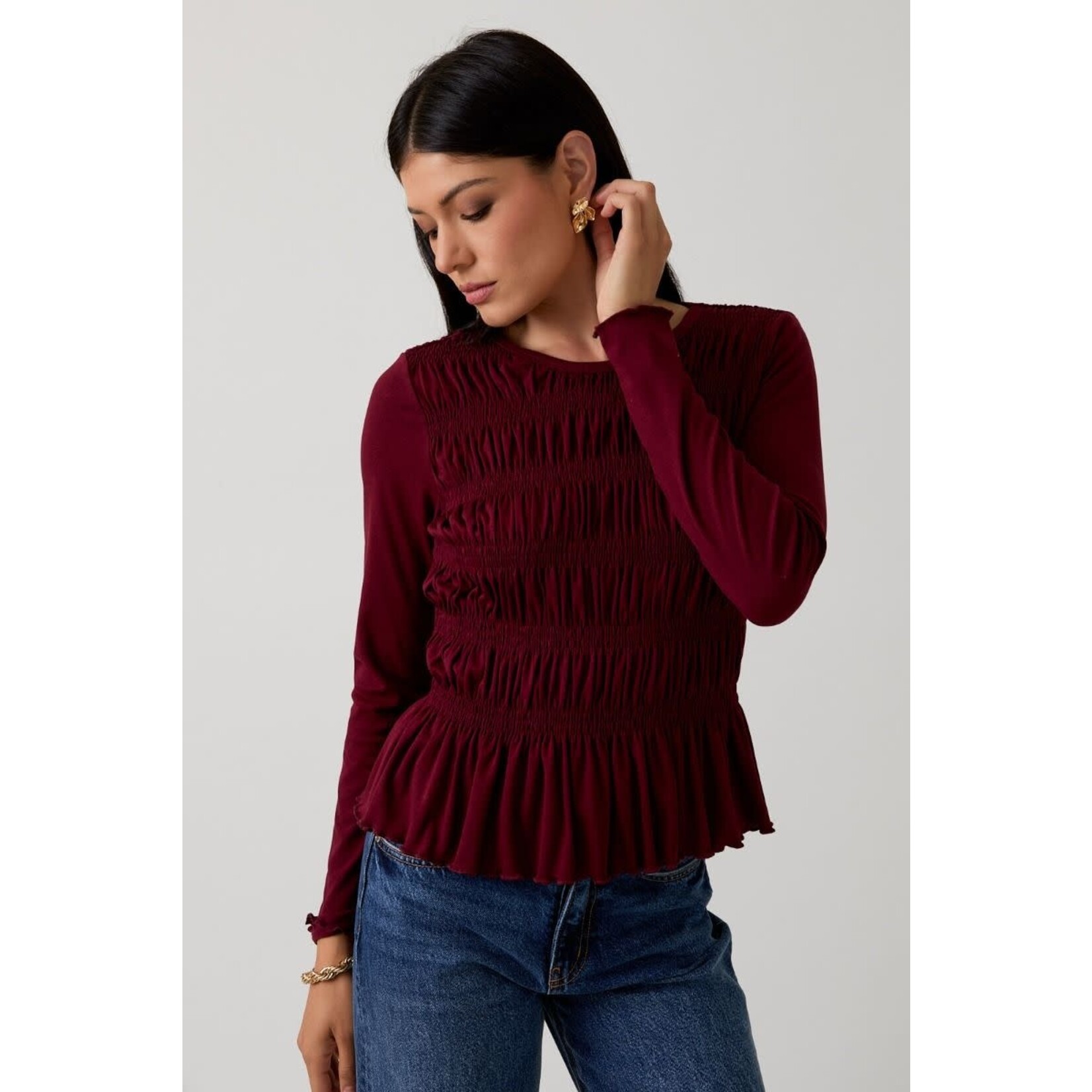 sunday edition BURGUNDY TOP WITH SMOCK DETAIL