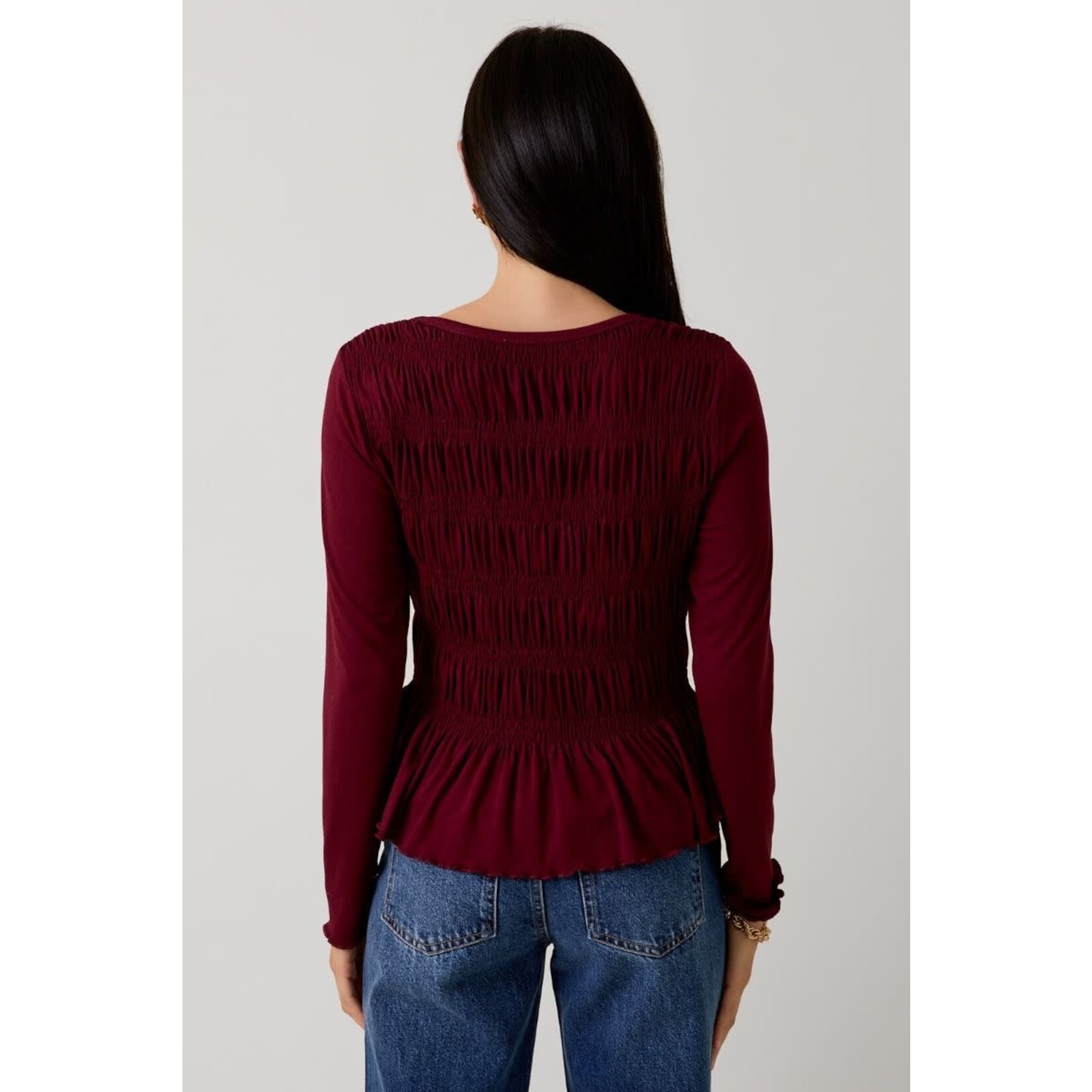 BURGUNDY TOP WITH SMOCK DETAIL
