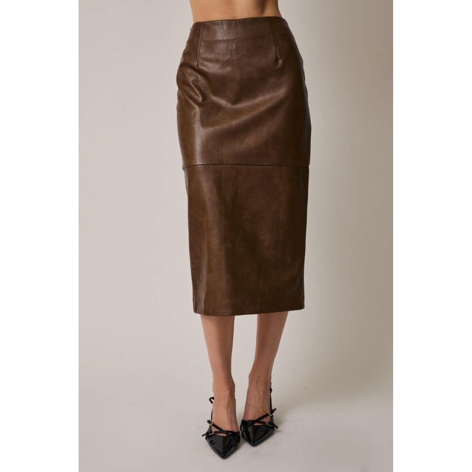 BROWN LEATHER FRONT SLIT MIDI