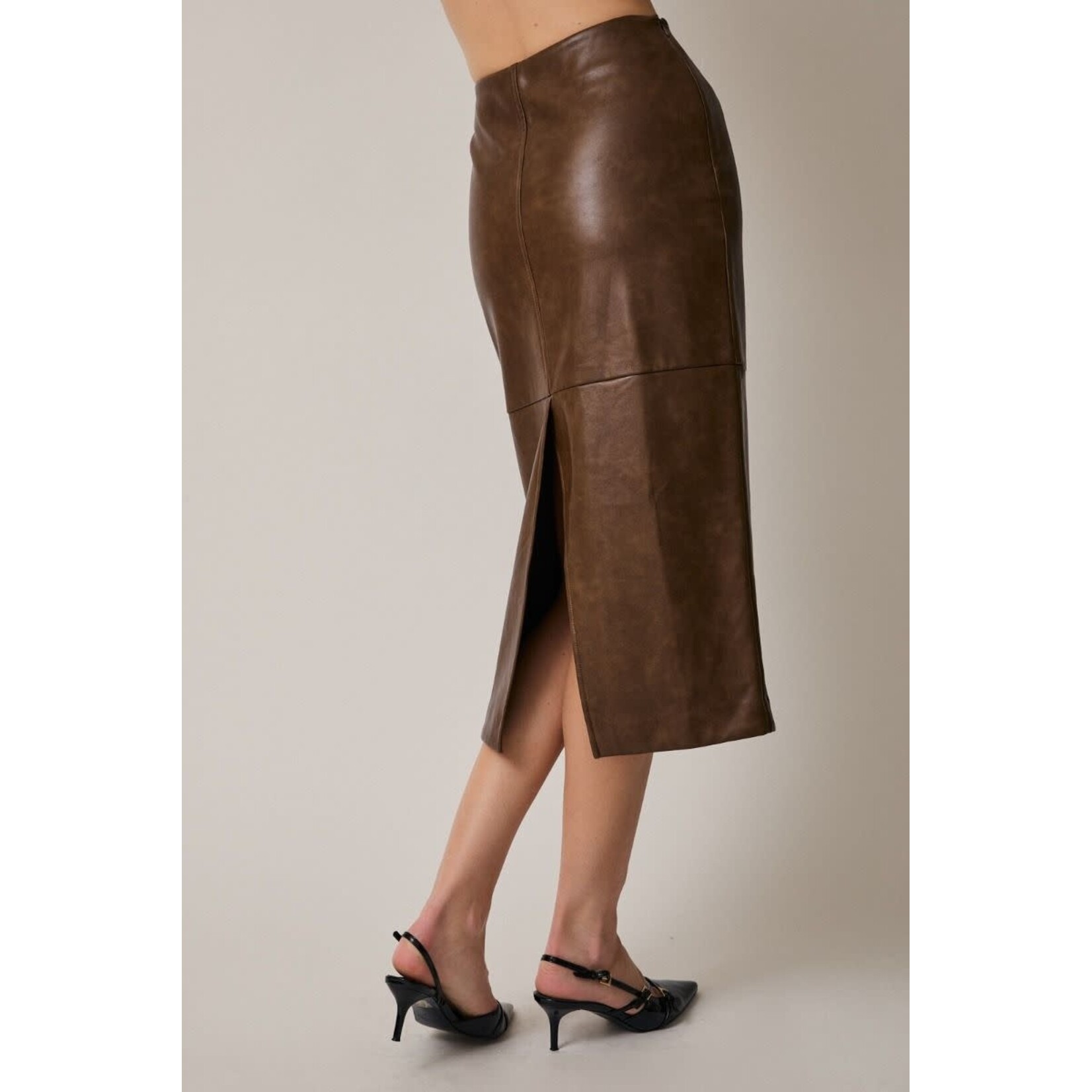 BROWN LEATHER FRONT SLIT MIDI