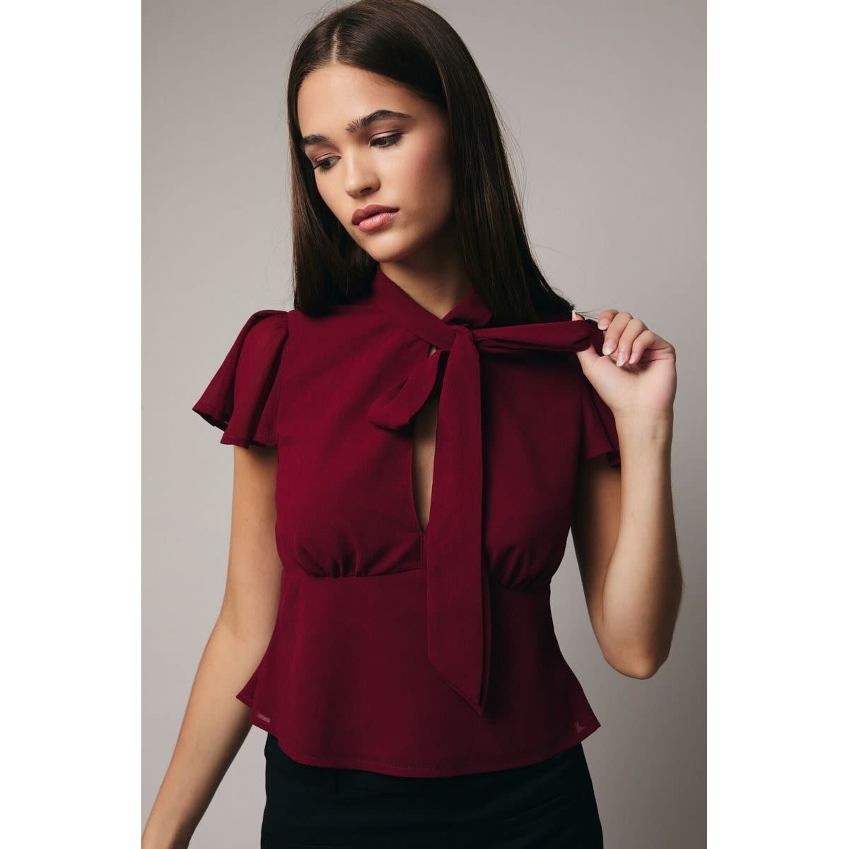 BURGUNDY MOCK NECK SCARF DETAIL BLOUSE