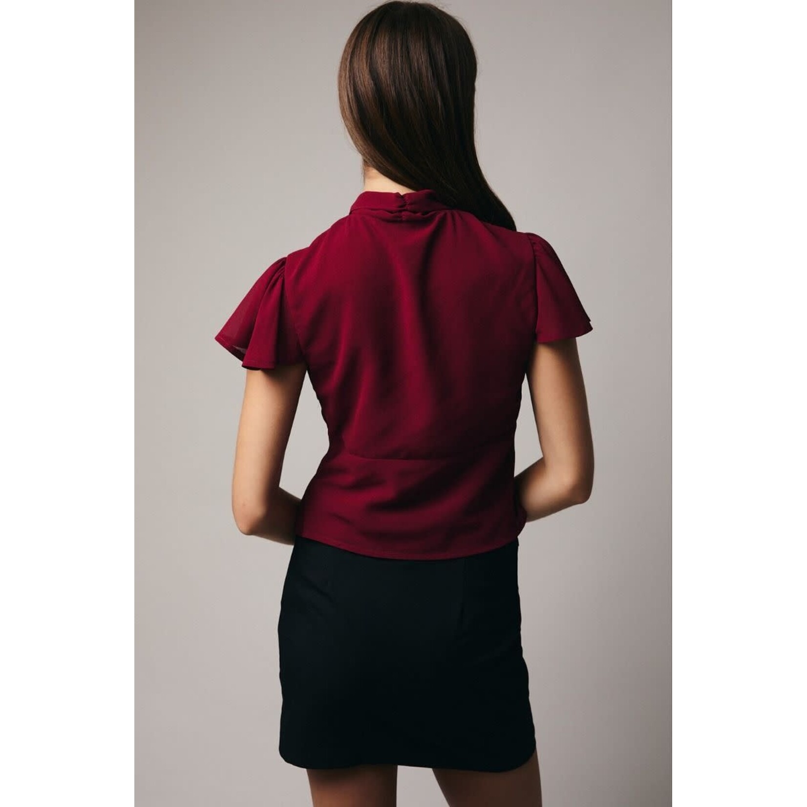BURGUNDY MOCK NECK SCARF DETAIL BLOUSE