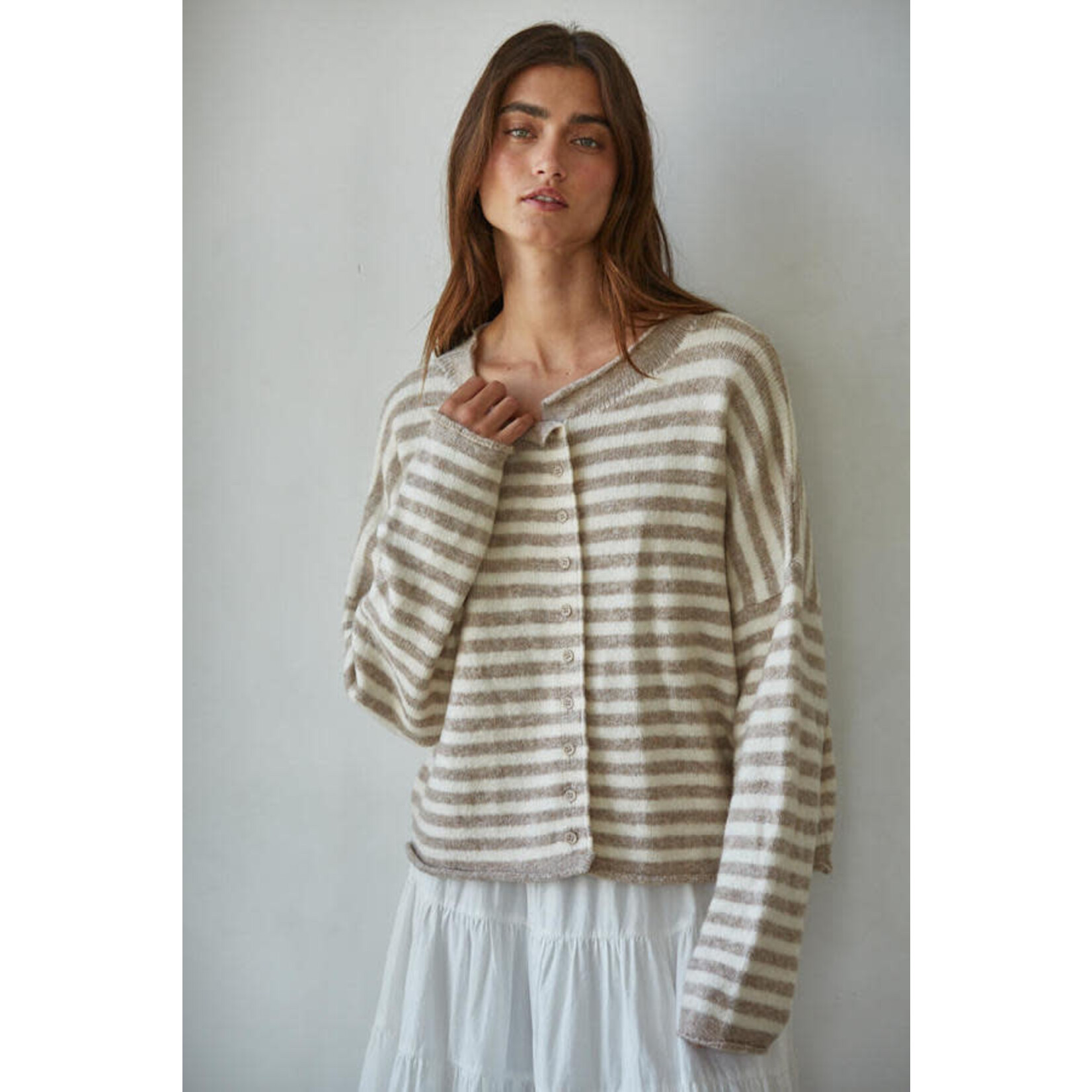 TAUPE & IVORY STRIPED CARDIGAN
