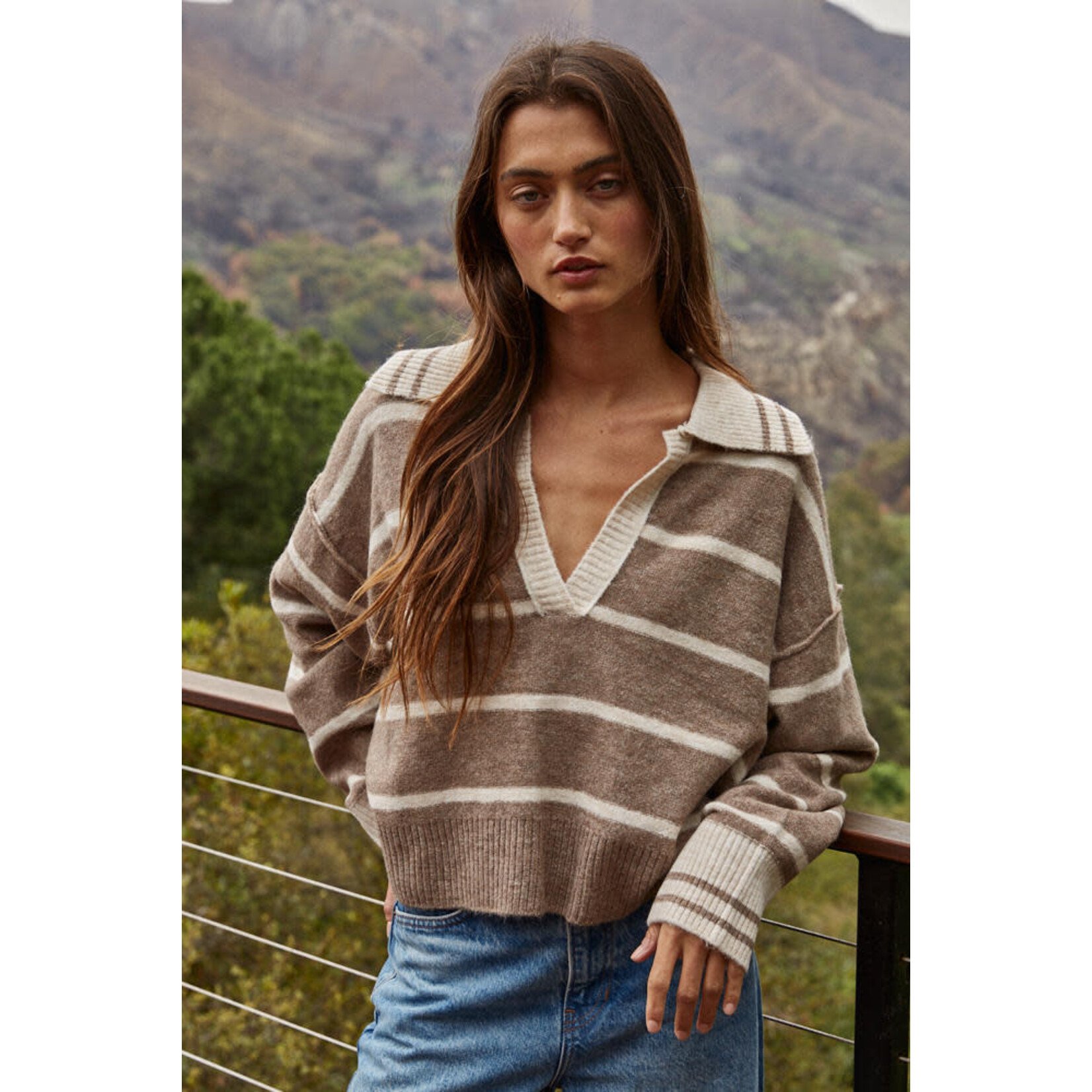 MOCHA STRIPED V-NECK PULLOVER