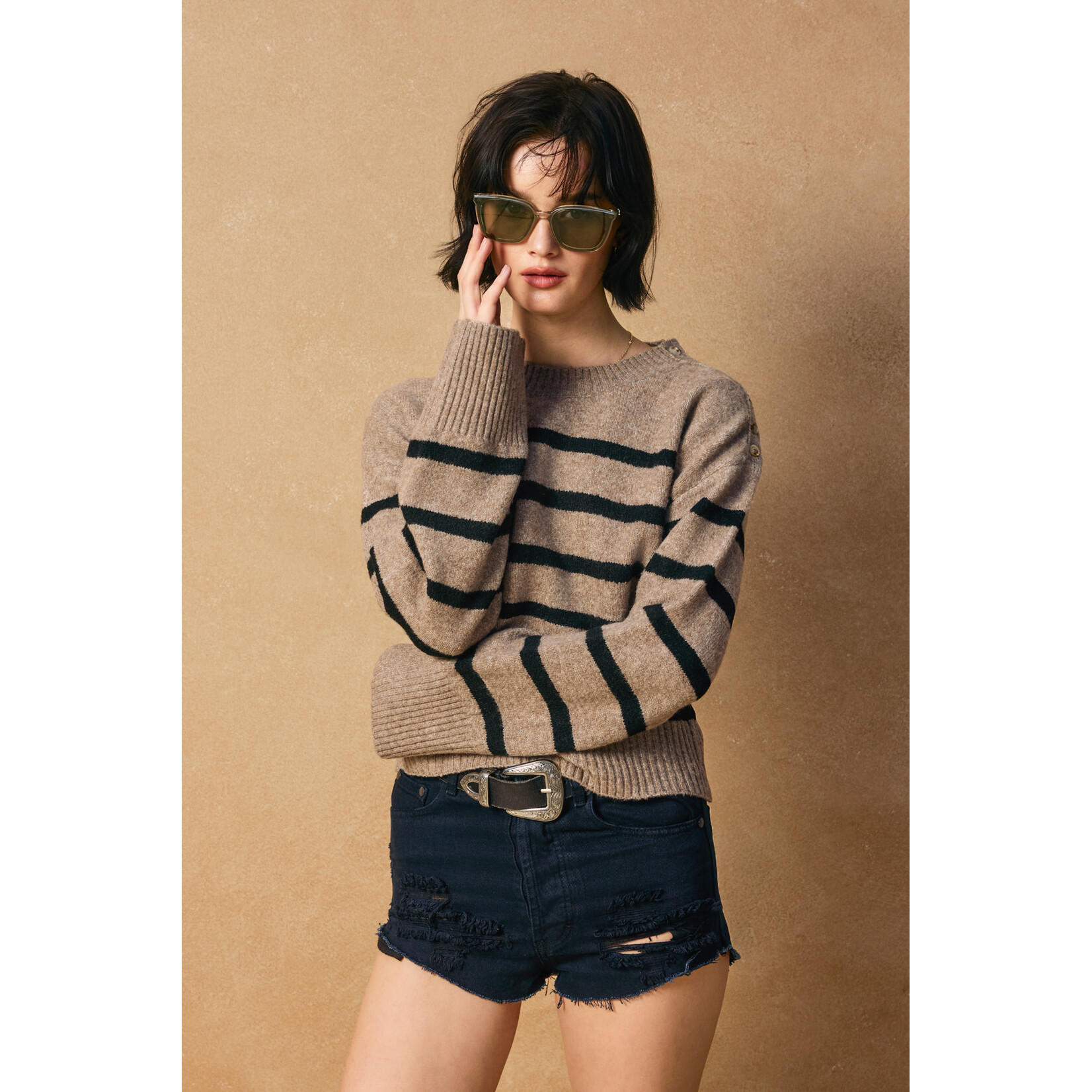 STRIPED BUTTON DETAIL SWEATER