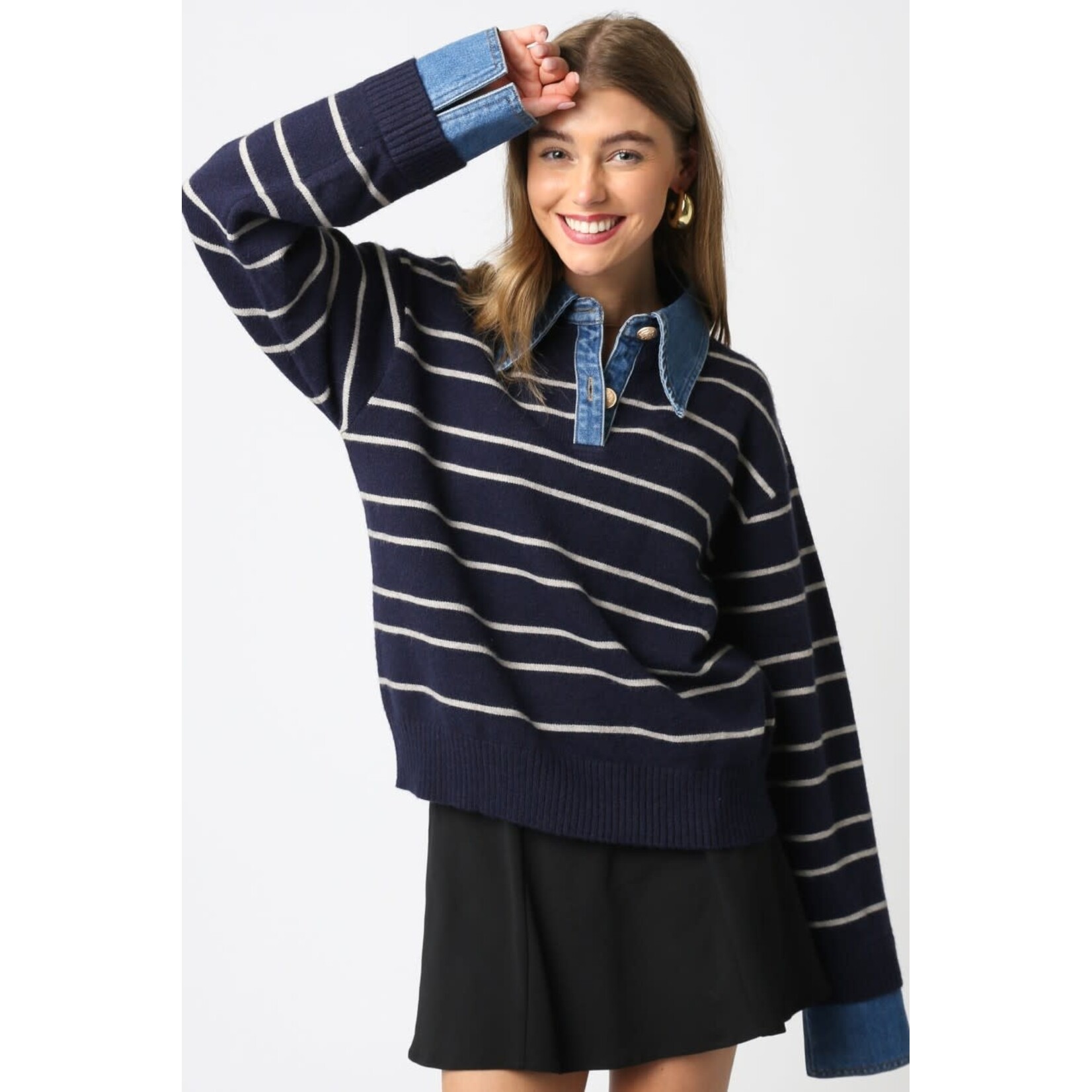 NAVY STRIPED SWEATER W/ DENIM CONTRAST