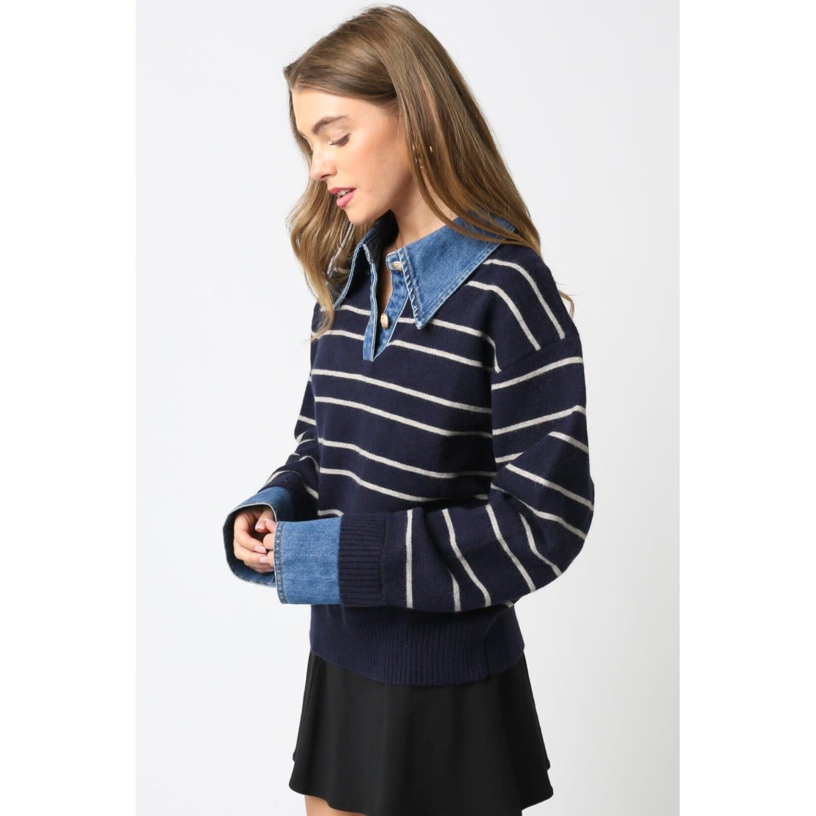 NAVY STRIPED SWEATER W/ DENIM CONTRAST