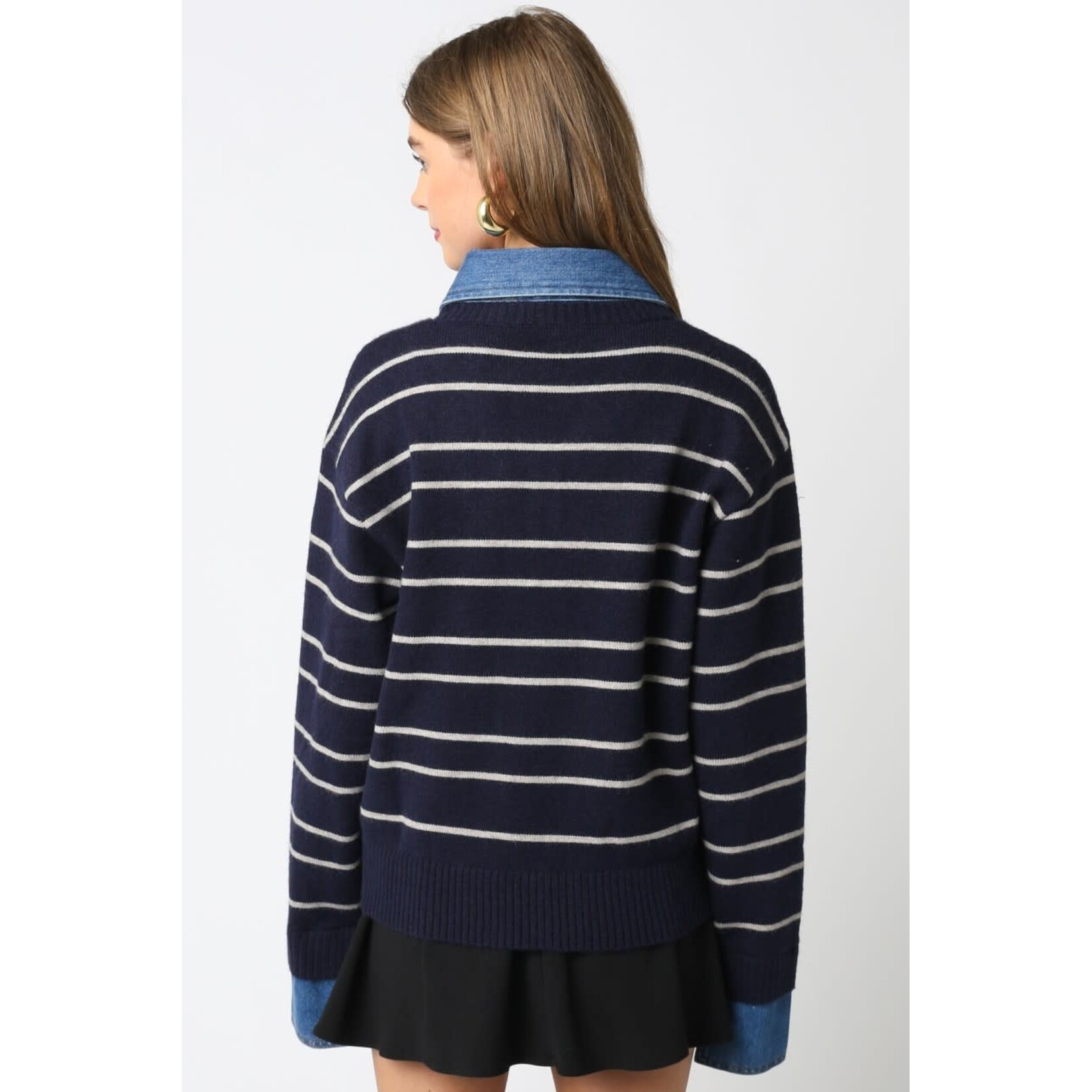 NAVY STRIPED SWEATER W/ DENIM CONTRAST