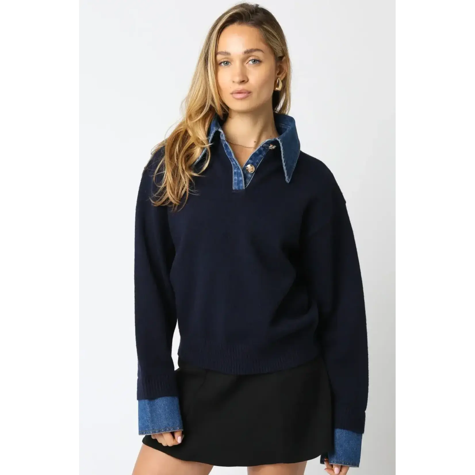 NAVY SWEATER W/ DENIM CONTRAST
