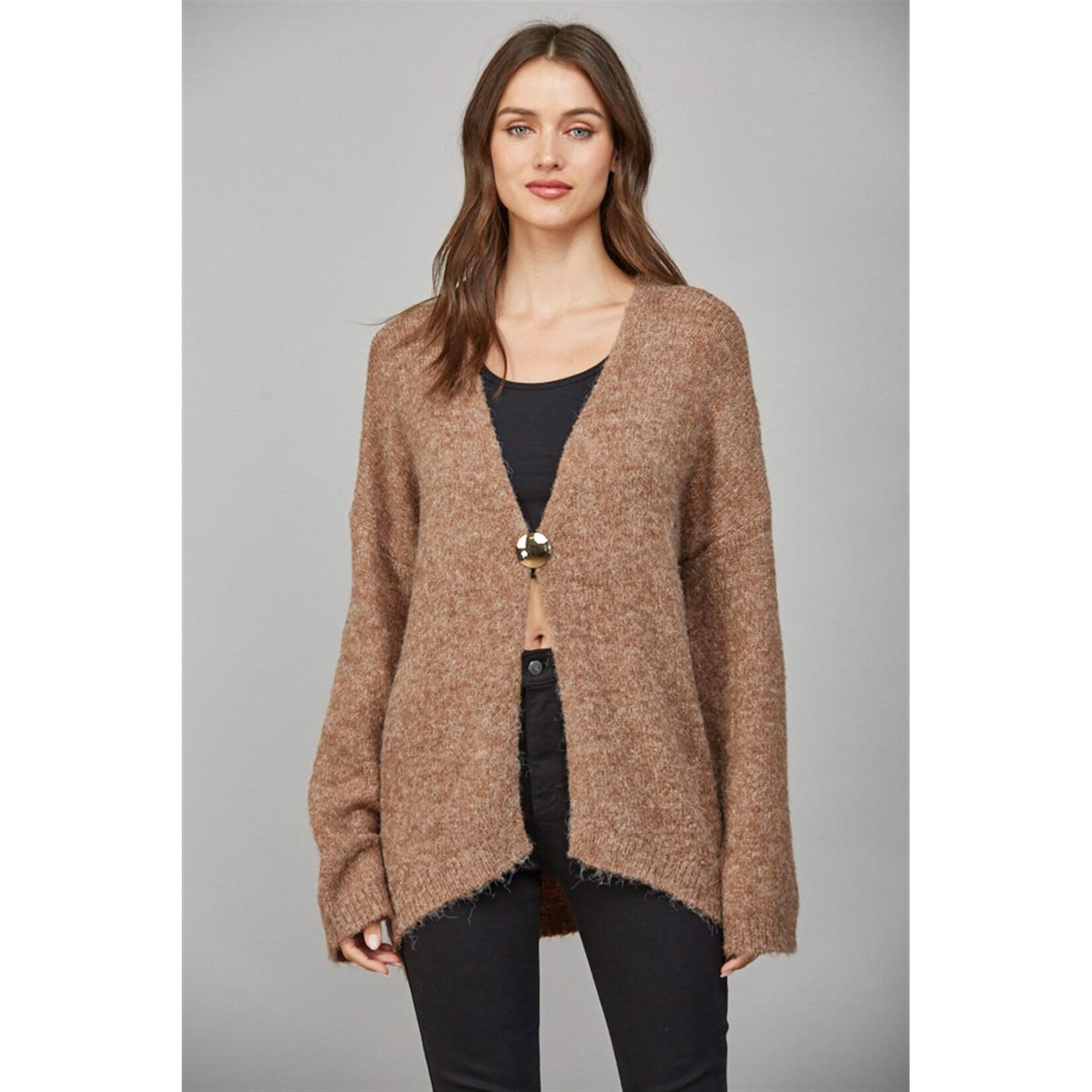 BROWN FUZZY KNIT CARDIGAN
