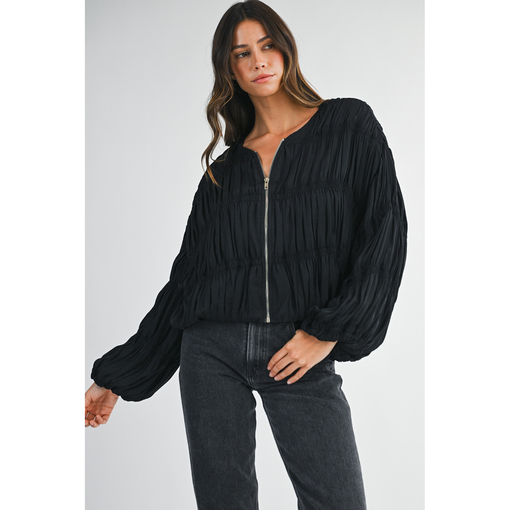 GATHERED ZIP UP JACKET (AVAILABLE IN BLACK & TAUPE)