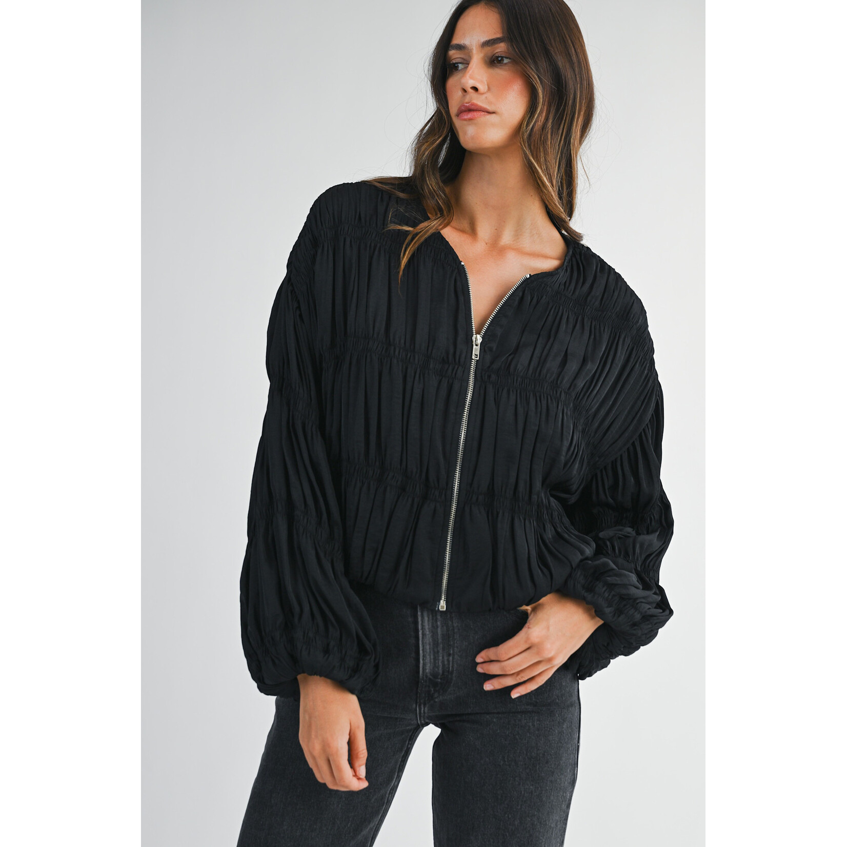 GATHERED ZIP UP JACKET (AVAILABLE IN BLACK & TAUPE)