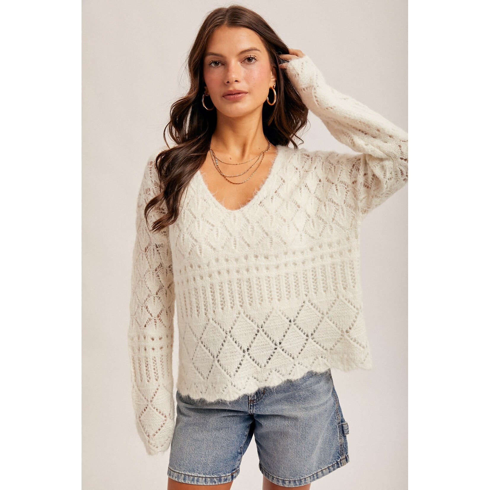 V-NECK CROCHET SWEATER