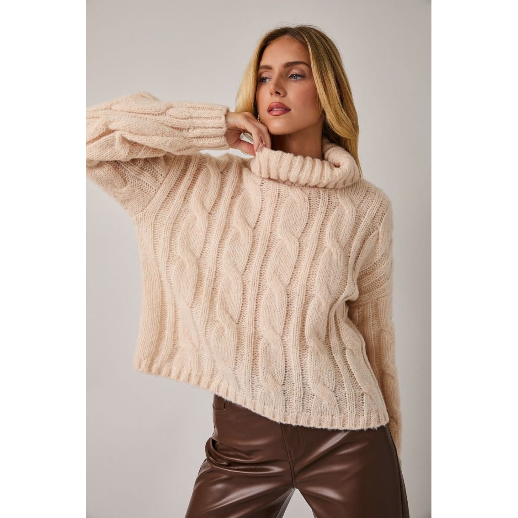 BEIGE TURTLE NECK CABLE KNIT SWEATER