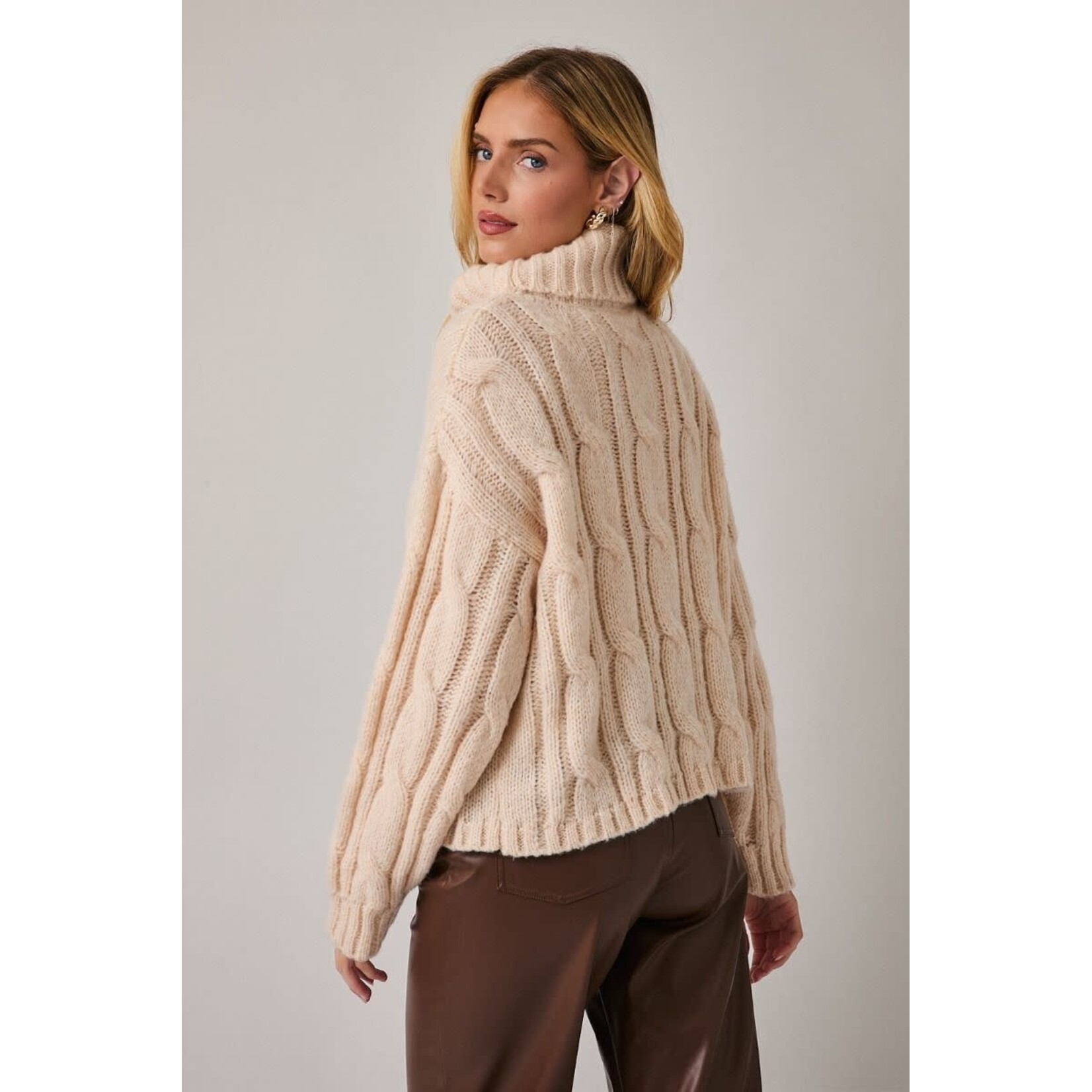 BEIGE TURTLE NECK CABLE KNIT SWEATER